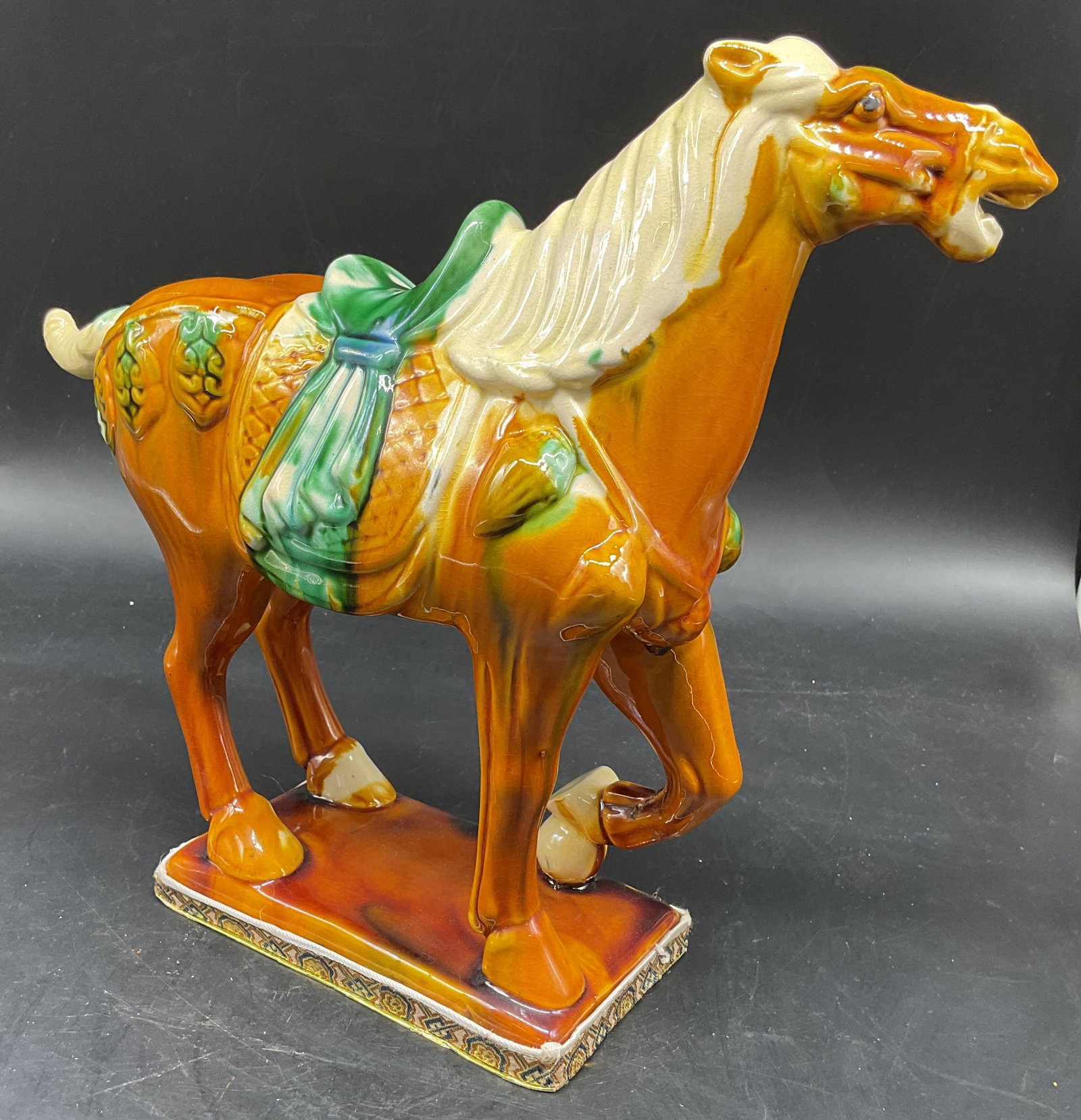 Vntg Tang Style Glazed Ceramic Horse: Vintage Tang Style Glazed Ceramic Horse, chinoiserie decorative arts, the horse figure is decorated in the traditional three color style, Sancal, drip glaze technique featuring amber and green