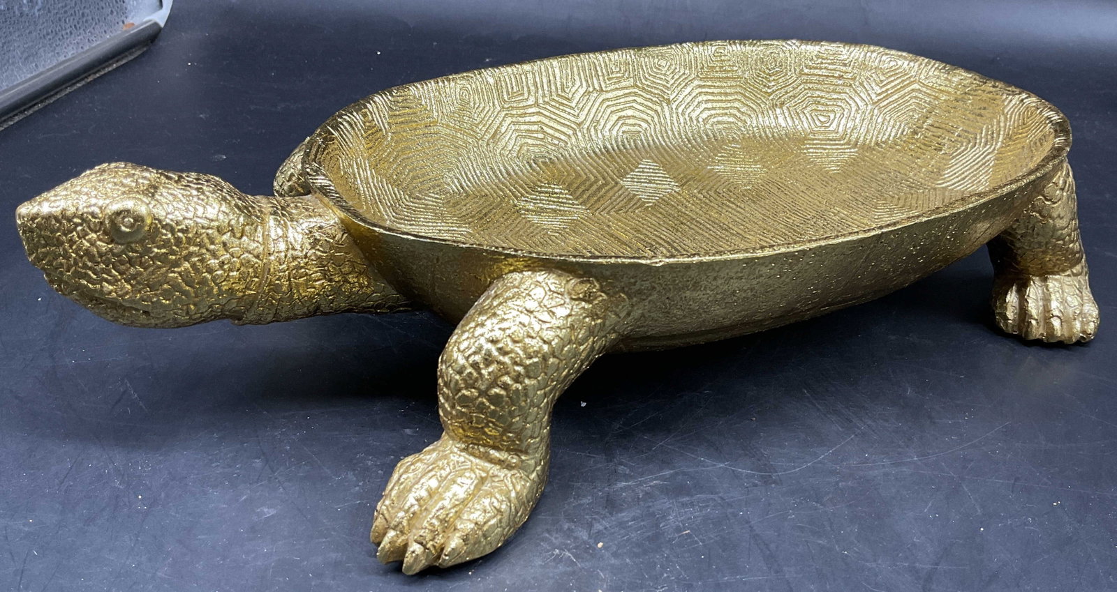 Gold Tone Textured Turtle Bowl: Gold tone textured turtle bowl, measures length app 14,5 inches, width app 7 inches, ht app 3.5 inches, decorative table decor, turtle bowl,