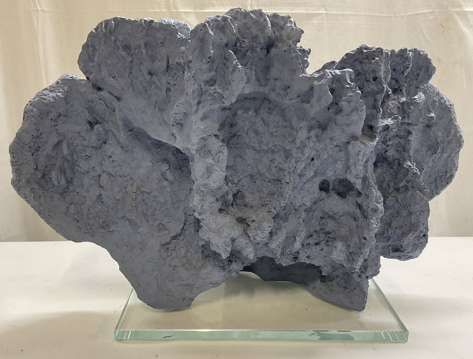 Molded Cast Blue Coral Style 14x22in Sculpture: Molded Cast Blue Coral Style Sculpture on Glass Stand. Painted Plaster Material. Has Significant Weight. Some Scratches on Glass Base. Measures app 14in H x 22.5in L. Molded Art, Cast, Blue, Coral Sty