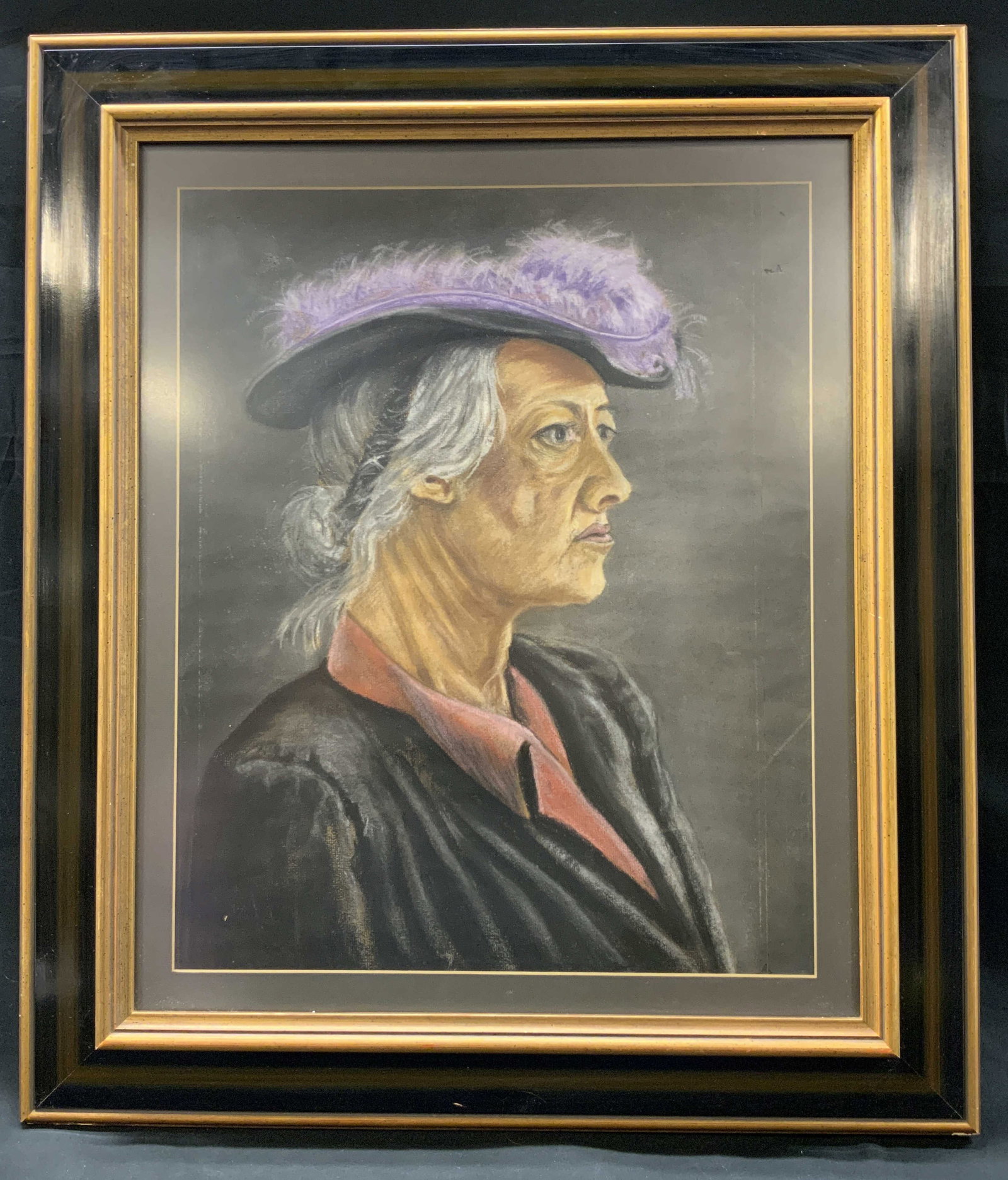 Vtg Chalk Pastel Portrait of Lady Mat & Framed: Vintage chalk pastel on paper portrait of elderly lady, matted & framed. Unsigned by artist Captured in side profile, gray hair pinned back into bun, Edwardian style hat with purple feathers, dressed 