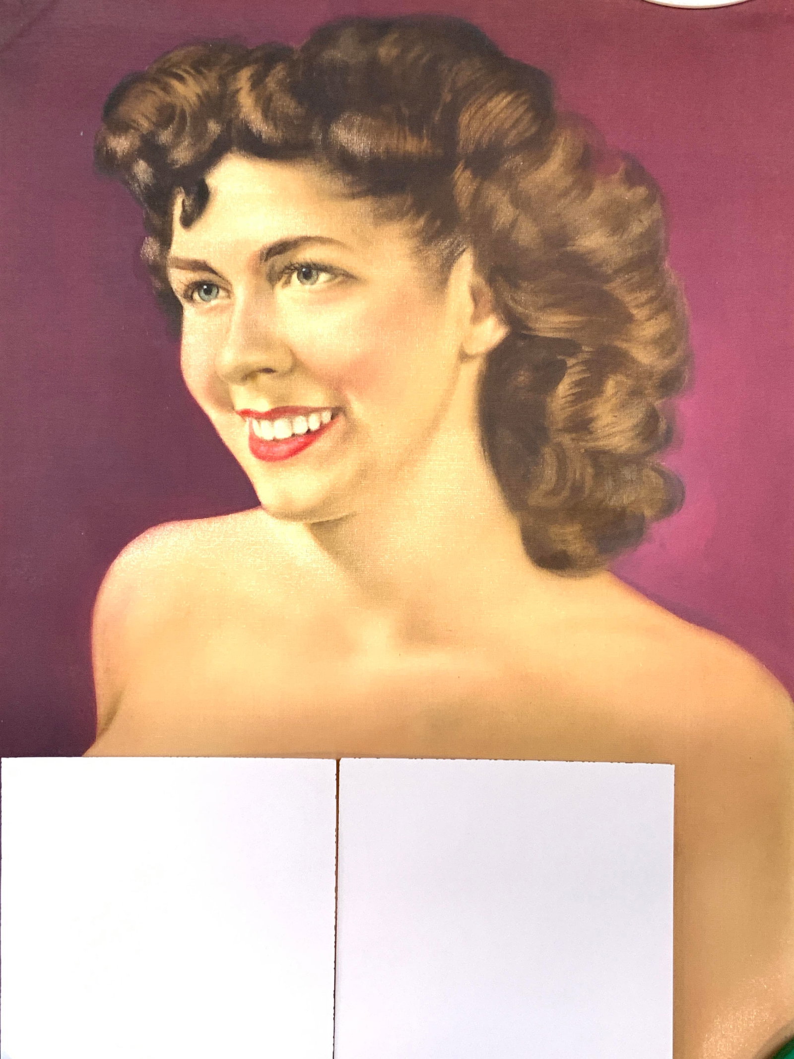Vtg c.1940s Nude Pin-Up Litho Calendar Scroll: Vintage circa 1940s pin-up calendar hanging scroll print. Portrait of nude model. Brunette woman with mid century hairstyle smiling 3/4 perspective, posed against plum/purple backdrop. Offset Lithogra