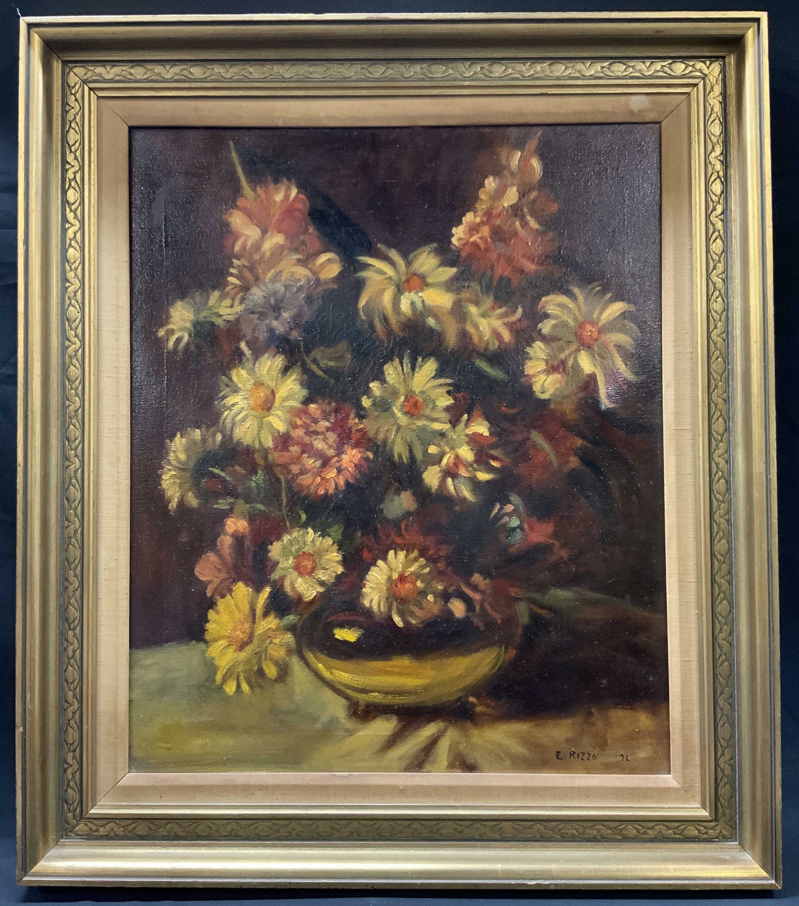 Vtg 1972 E. Rizzo Floral Still Life Oil Painting: Vintage 1972 Signed Floral Still Life Oil Painting on Canvas Framed. Oil painting on stretched canvas, impressionistic floral still life composition. Dense arrangement of autumn toned blossoms gathere