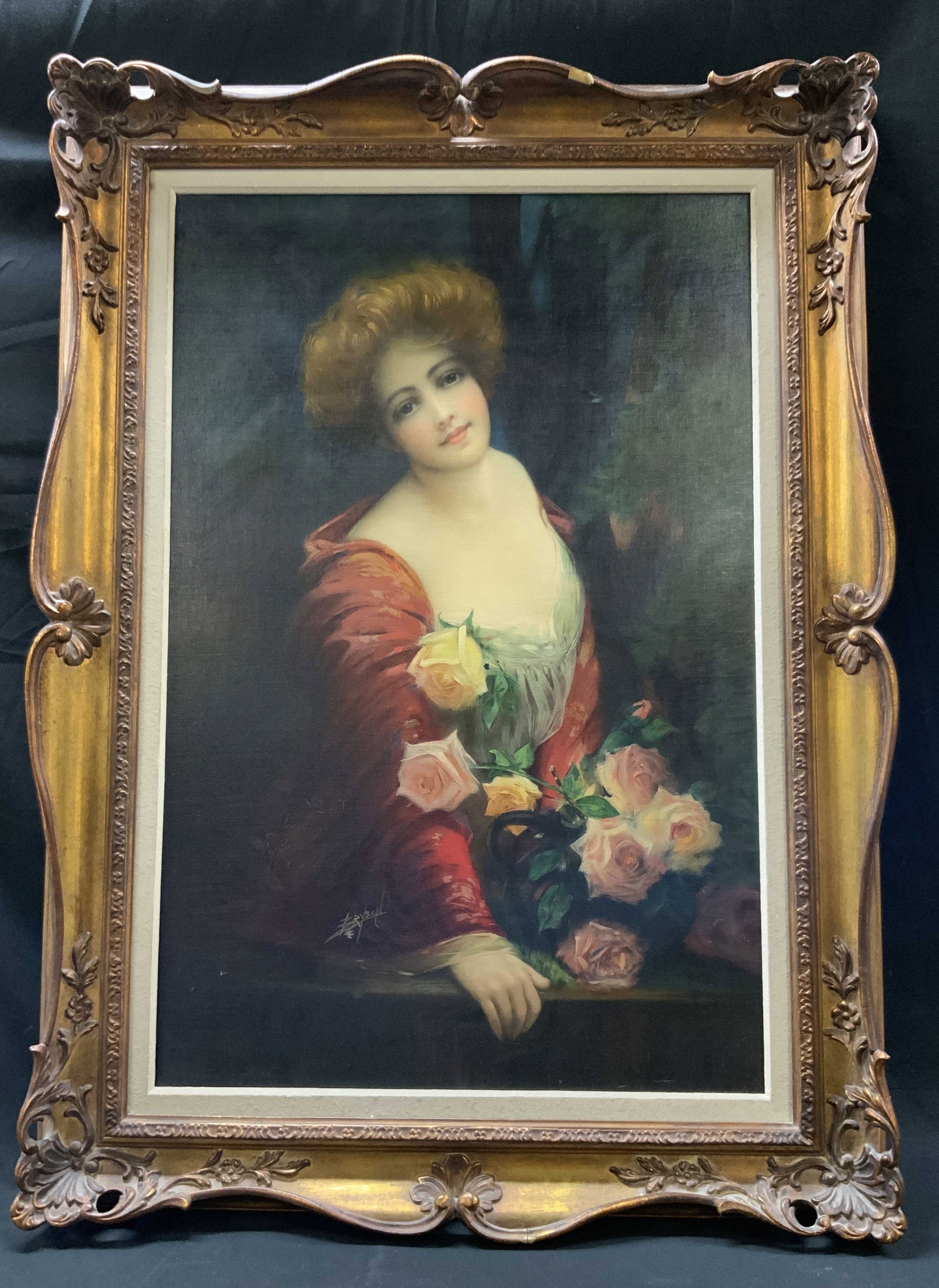Vtg 1970s Edwardian Style Portrait Painting: Vintage Romantic Edwardian Style Woman Portrait Oil Painting on canvas. Woman with red brown coiffure leaning forward over a ledge, dressed in red satin gown with cream inner bodice. Bouquet of pink r