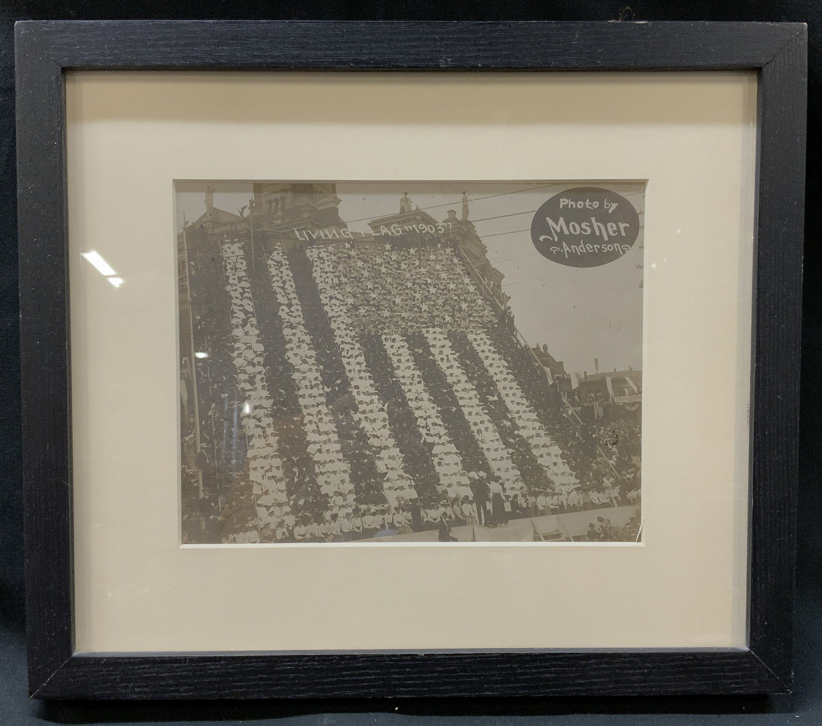 Atq 1903 Mosher & Anderson Living Flag Photograph: Antique turn of the century Photograph titled Living Flag 1903. Early human mass formation photography, thousands of participants arranged across bleachers and open landscape to form visual
