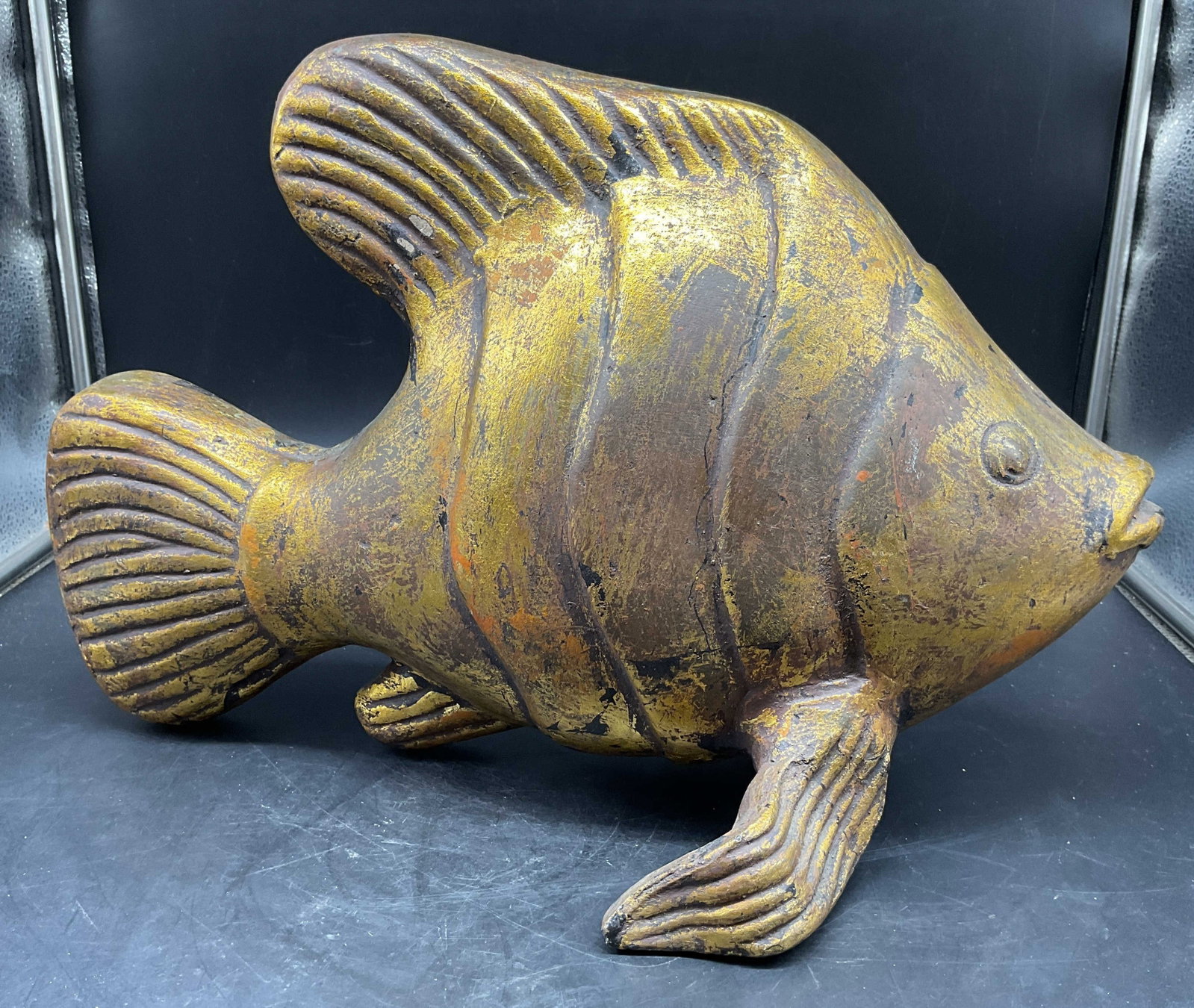 Lg Gold leafed Ceramic Fish Sculpture: Large gilt gold leafed ceramic fish sculpture, measures ht 11 inches, length 18 inches width app 10 inches, whimsical coastal decor