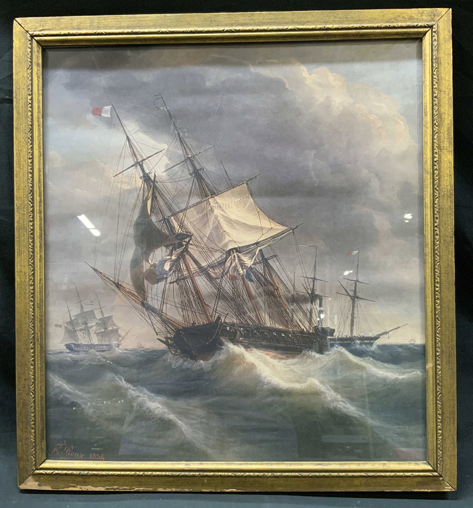 Vtg Sailing Ship in Storm Litho Print, France (1 of 7)