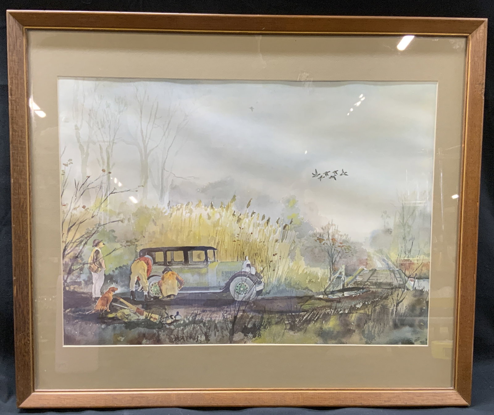 Framed Dick Malin Watercolor Offset Litho Print: Framed Dick Malin Duck Hunting Scene Watercolor Print. Printed by Offset Lithography. Signed Dick Malin 78 on bottom right corner. Depicting an autumn or winter marshland duck hunting scene. Framed in