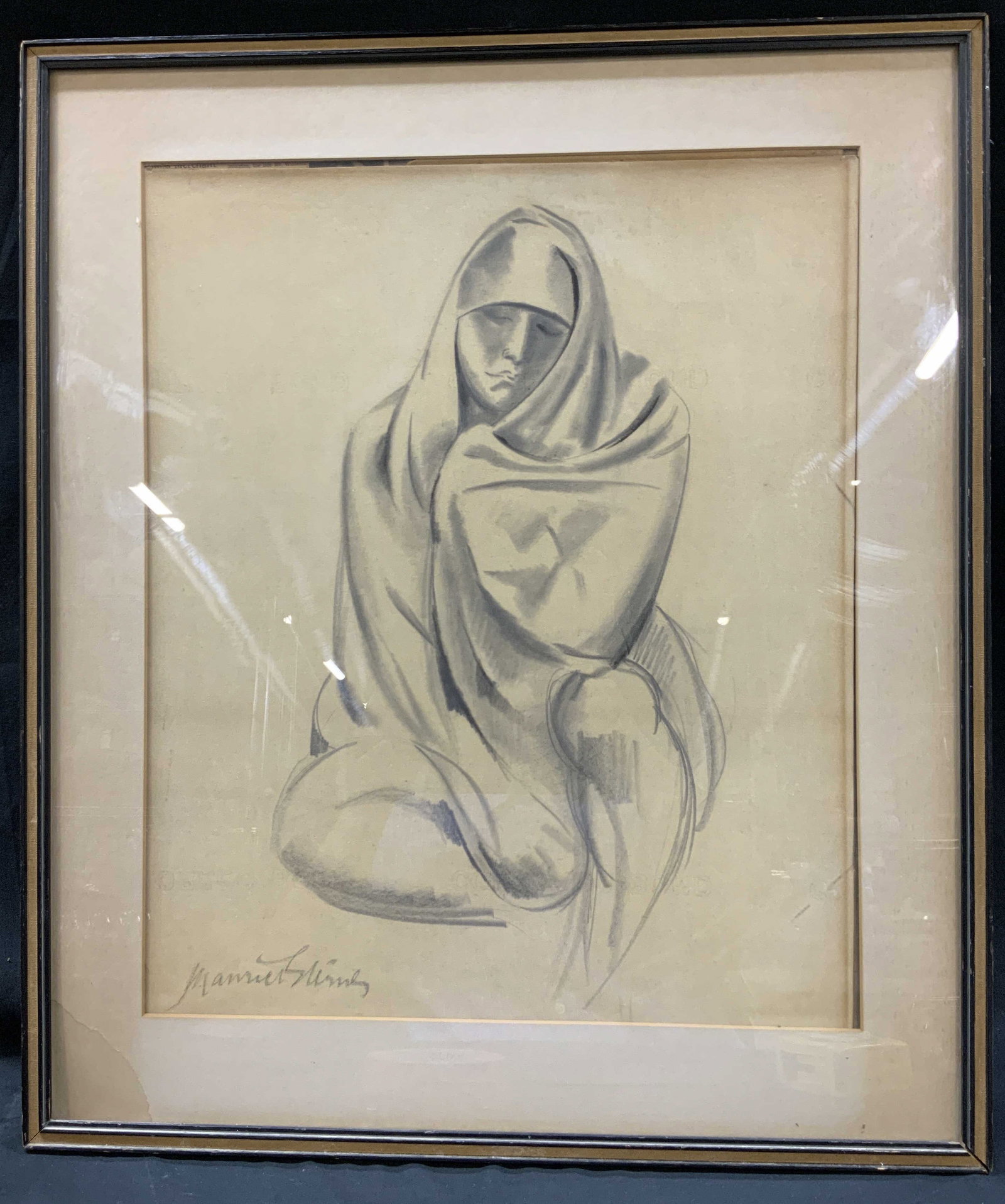 Framed Charcoal Drawing of Shrouded Figure: Framed Drawing of a Shrouded Figure, Hand signed bottom left corner. Possibly charcoal, graphite, or Lithographic crayon. On aged paper with illegible watermark. Framed in slim molded black inner and 