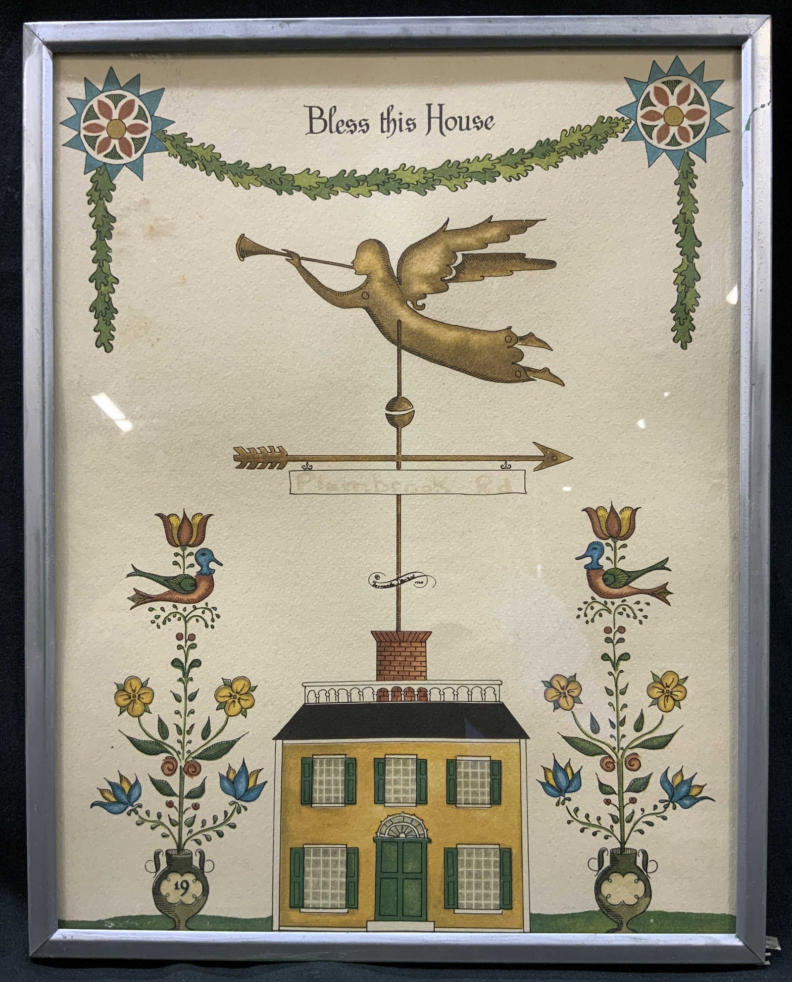 Vtg 1969 Fernando Designs Bless This House Litho: Vintage 1969 Fernando Designs Bless This House Folk Art Offset Lithograph, Custom Personalized. Produced by Fernando Designs- official cursive brand signature along central scroll design of the weathe
