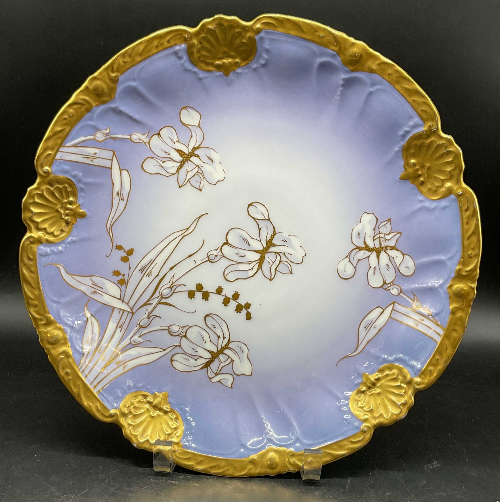 Blakeman & Henderson Limoges Floral Plate France: Blakeman & Henderson Limoges porcelain floral gilt plate. Marked on underside, reads Limoges B & H France. Scalloped gilt rim with embossed shell and scroll border. Hand painted floral motifs in white
