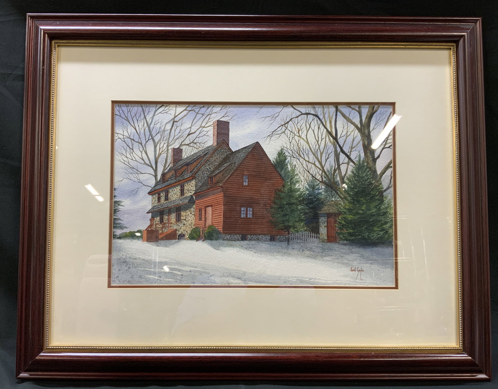 Watercolor Painting Winter Farmhouse, Framed (1 of 8)