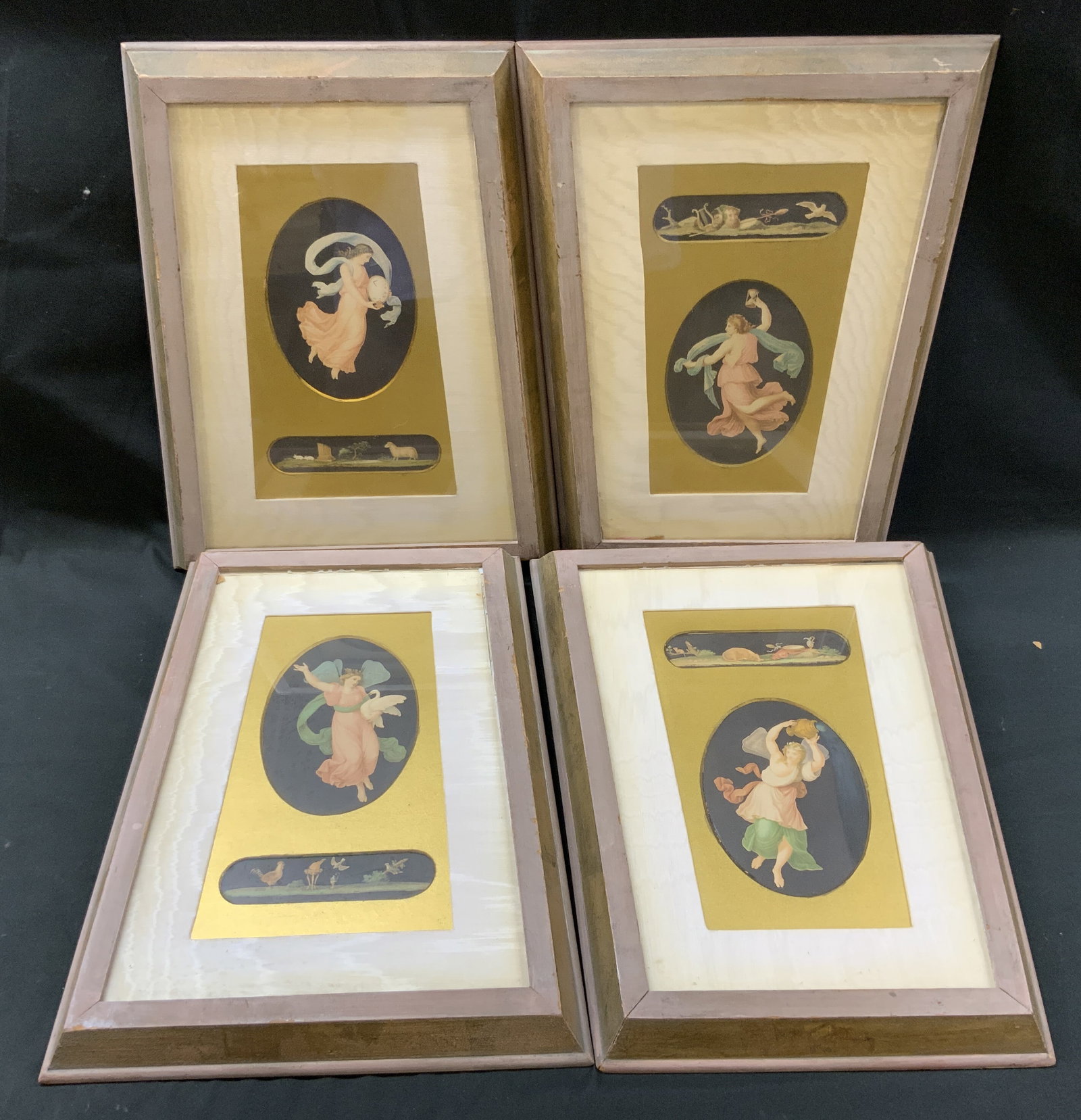 Antq Lt4 Grand Tour Style Pompeiian Gouaches: Antique lot of 4 grand tour style gouache paintings after the neoclassical compositions of Italian Artist Michelangelo Maestri. Floating female figure rendered in flowing drapery against solid black o
