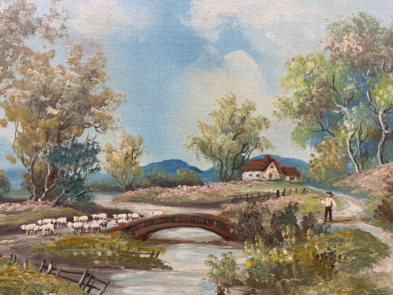 English School Pastoral Acrylic Painting Canvas: Acrylic Painting on Stretched Canvas of British style Pastoral country landscape. Country cottage among rolling hills, tress, central river with arching red bridge. Unframed with raw canvas edges expo