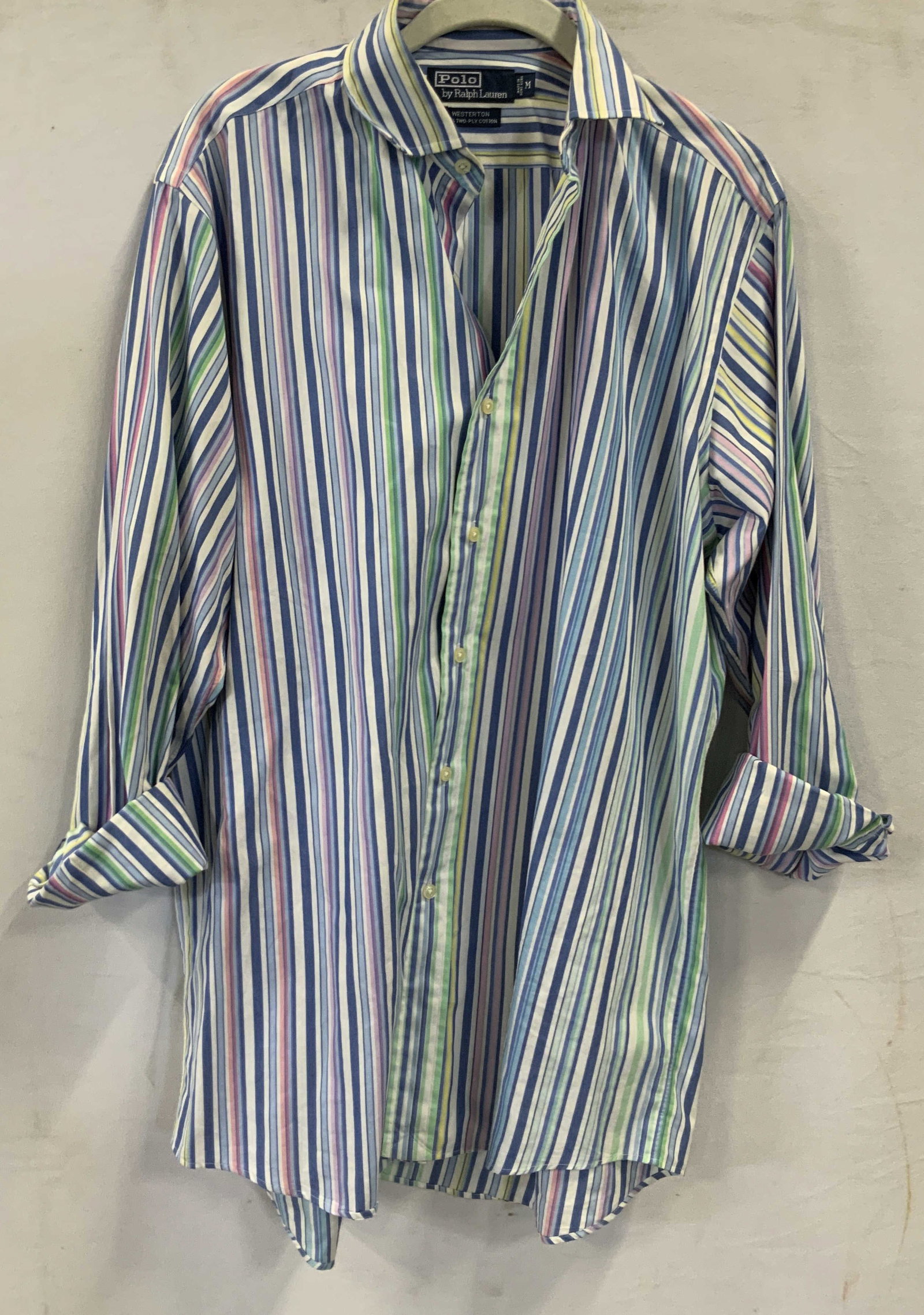 Vntg Ralph Lauren Button up shirt pastel stripes: Vintage Ralph Lauren button up shirt with pastel stripes. Made if 100% cotton. Long sleeve button up dress shirt features vertical pastel stripe pattern in blue , pink, yellow , and green. Size medium