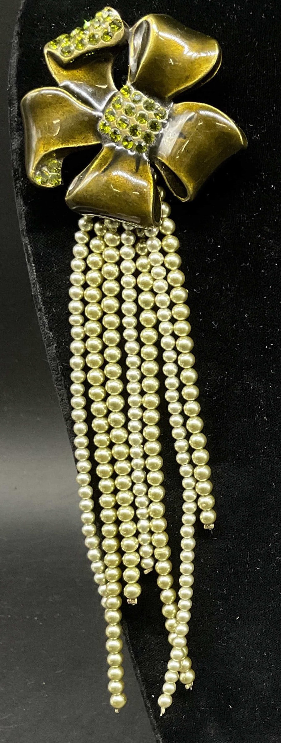 Babylone Paris Green Floral Statement Brooch FRANC: Babylone Paris Green Floral Statement Brooch. Olive Green Enamel Flower Design with Lime Green Rhinestone Accents. Dangling Multi-Toned Green Faux Pearl Strands. France. Condition Consistent With Expo
