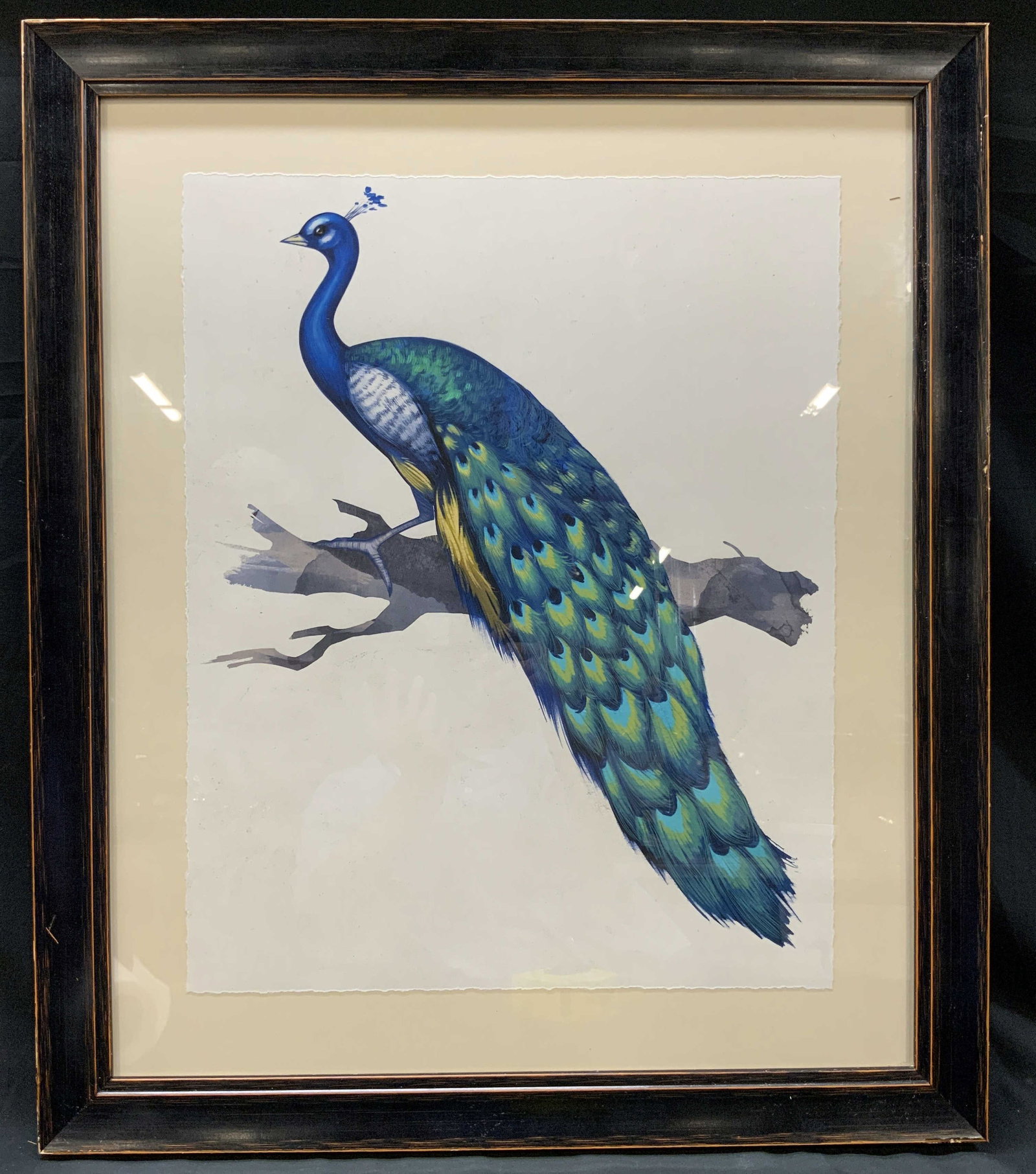 Vintage Framed Peacock Silkscreen Print: Vintage Framed Peacock Silkscreen/ Serigraph Print on Deckled paper. Possibly Stonehenge. Detailed peacock perched on minimalist/abstracted tree branch. Framed in wide wood frame with dark finish. Cre