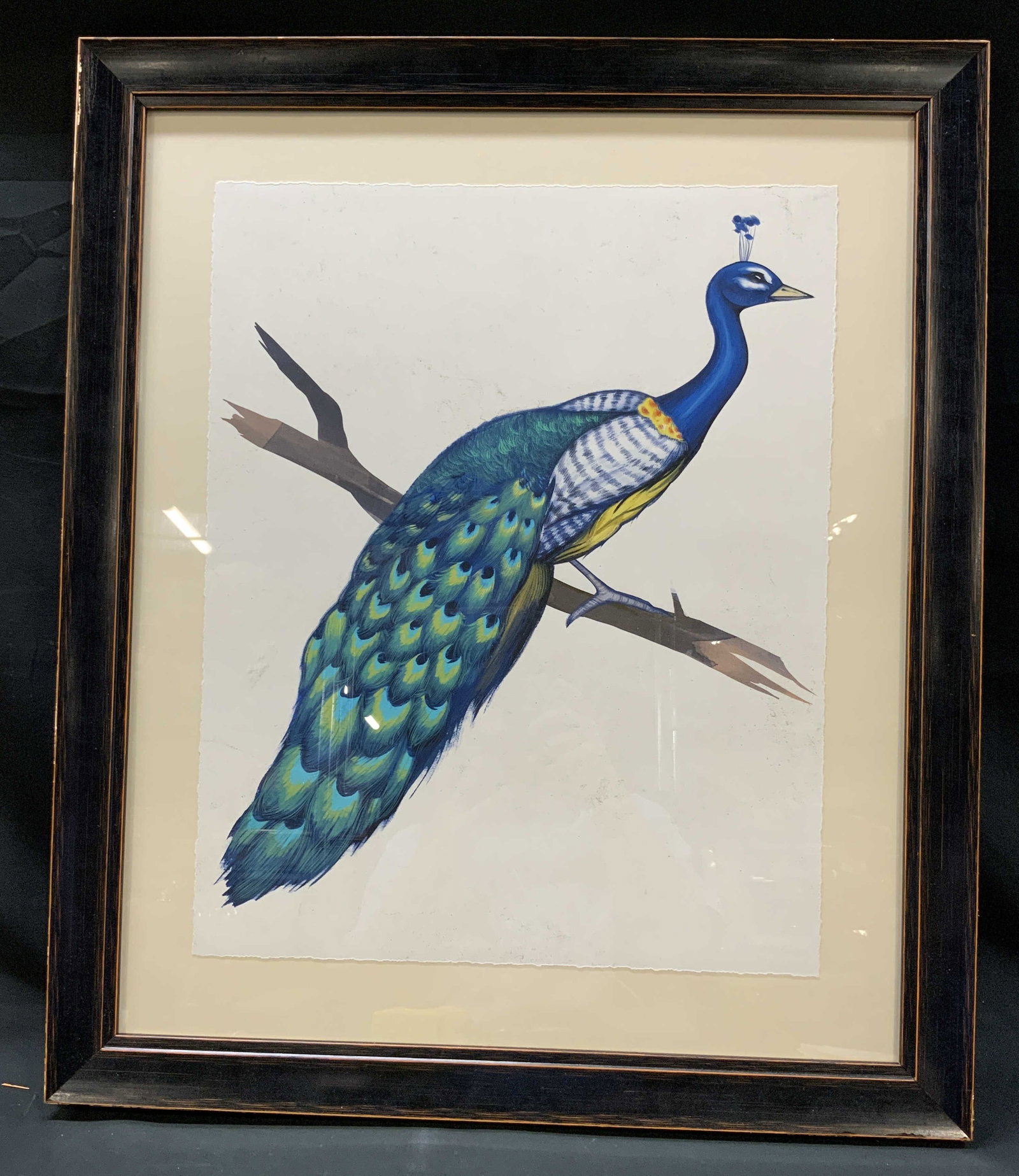 Vintage Framed Peacock Silkscreen Print: Vintage Framed Peacock Silkscreen/ Serigraph Print on Deckled paper. Possibly Stonehenge. Detailed peacock perched on minimalist/abstracted tree branch. Framed in wide wood frame with dark finish. Cre