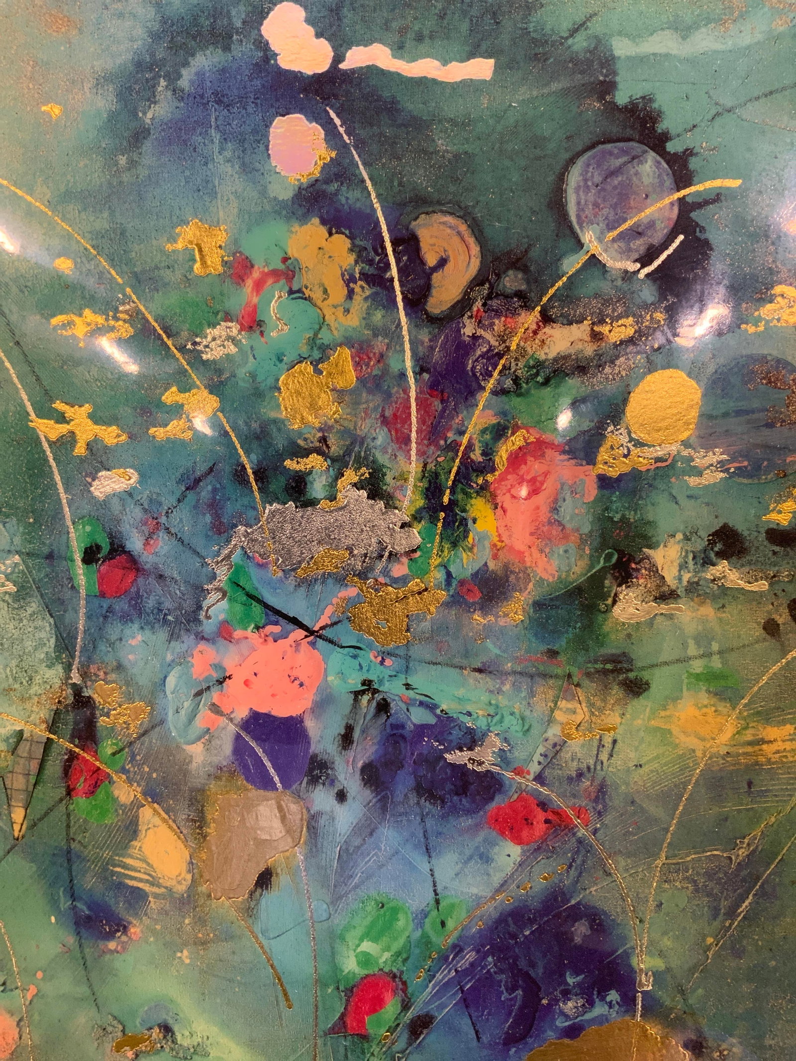 Abstracted Mixed Media Wood Panel: Abstracted Mixed Media Wood Panel. Multi colored splashes, lines, textures, iridescent, metallic. Glossy resin finish. Black minimal frame flush with artwork. Condition consistent with age and exposur