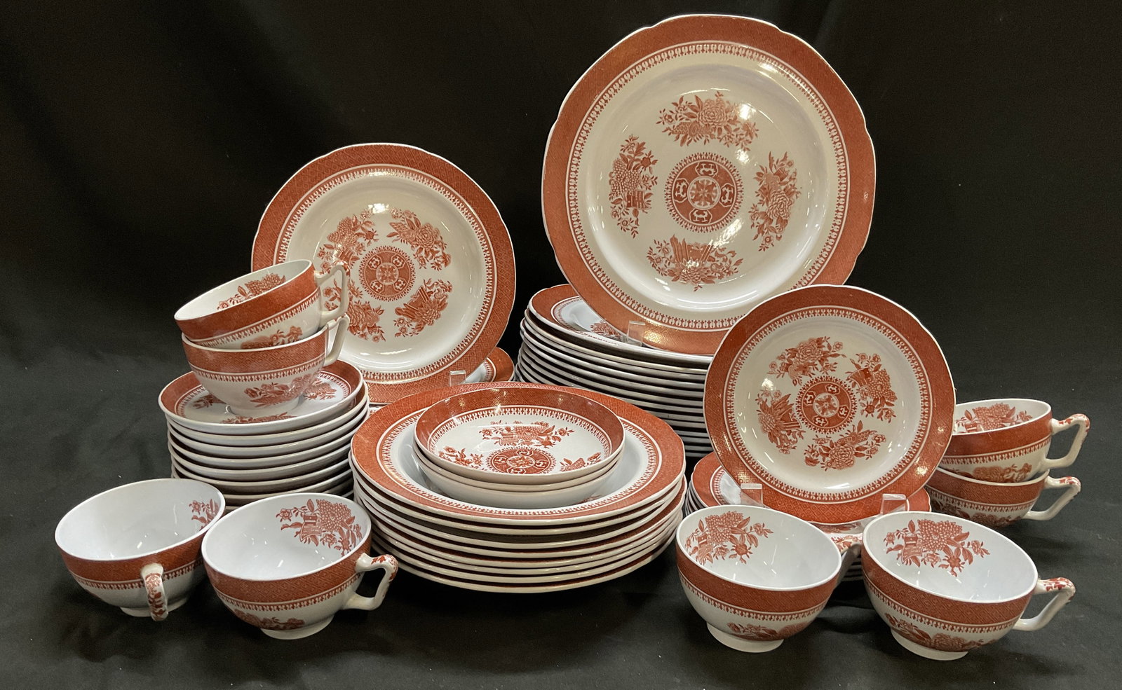 ST59 VTG Copeland Spode Fitzhugh Red Tableware ENG: Vintage Circa 1954-1990 Set of Copeland Spode Fitzhugh Red Stoneware. Fitzhugh Red Pattern. England. Red Floral Designs and Medallions in Center. 2 Red Geometric Pattern Borders. Some with Scalloped R