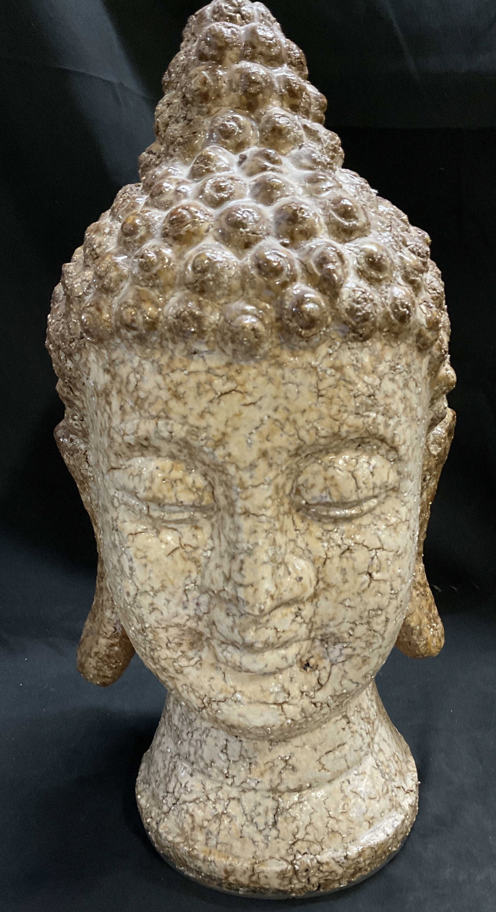 16.75in Buddha Head Pottery Sculpture: Buddha Head Pottery Sculpture. Beige and Brown with Crackle-Finish. Condition Consistent With Exposure. Measures app 16.75in H x 8.25in L. Buddha, Religious, Pottery, Ceramic, Art, Sculpture, Home Dec