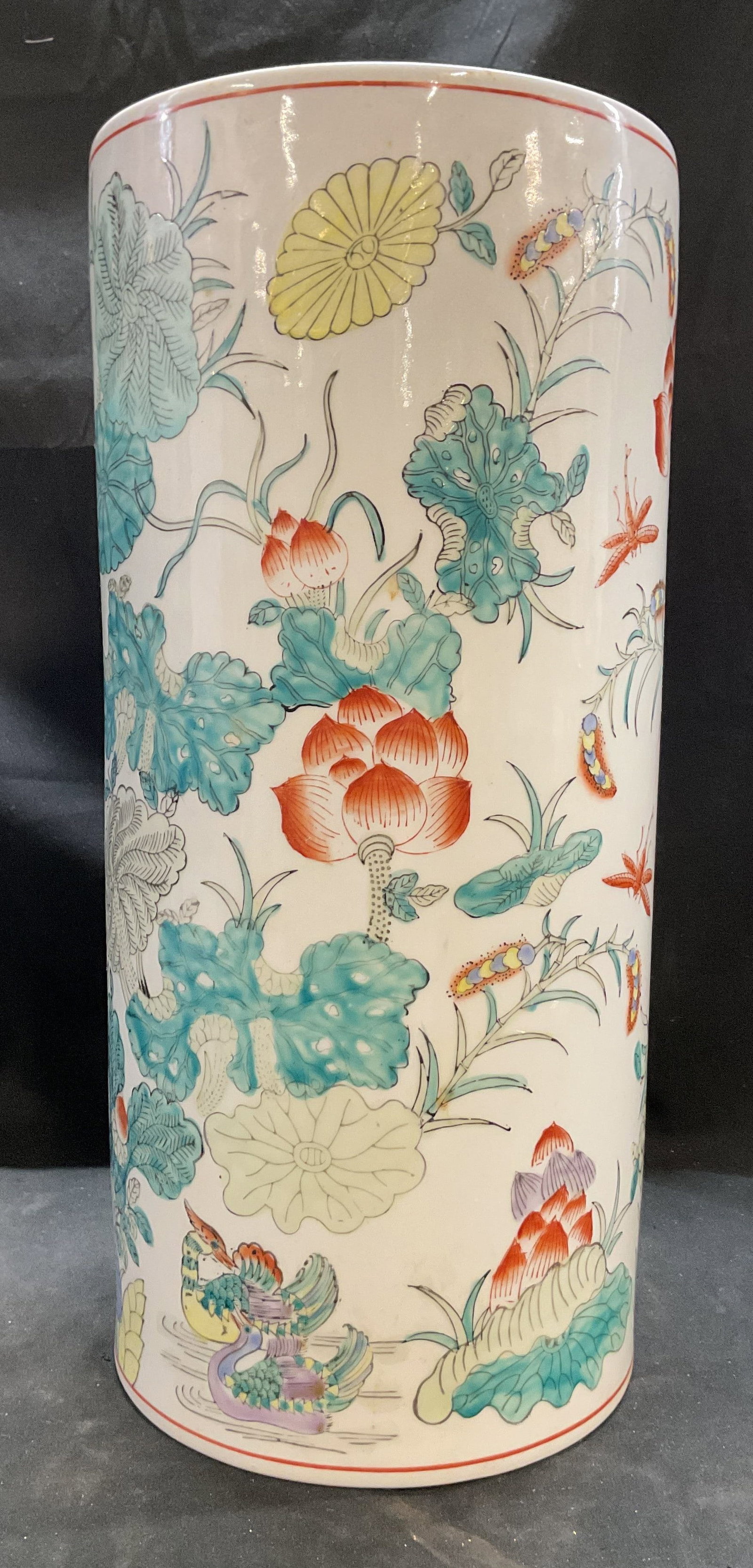 Vtg Chinese Porcelain Decorative Umbrella Stand: Vintage Chinese porcelain decorative umbrella stand. Marked on underside. Tall cylinder shape. Hand painted floral, animal, insect motifs in varying colors. Measures ht approx 18 inches diam approx 8.