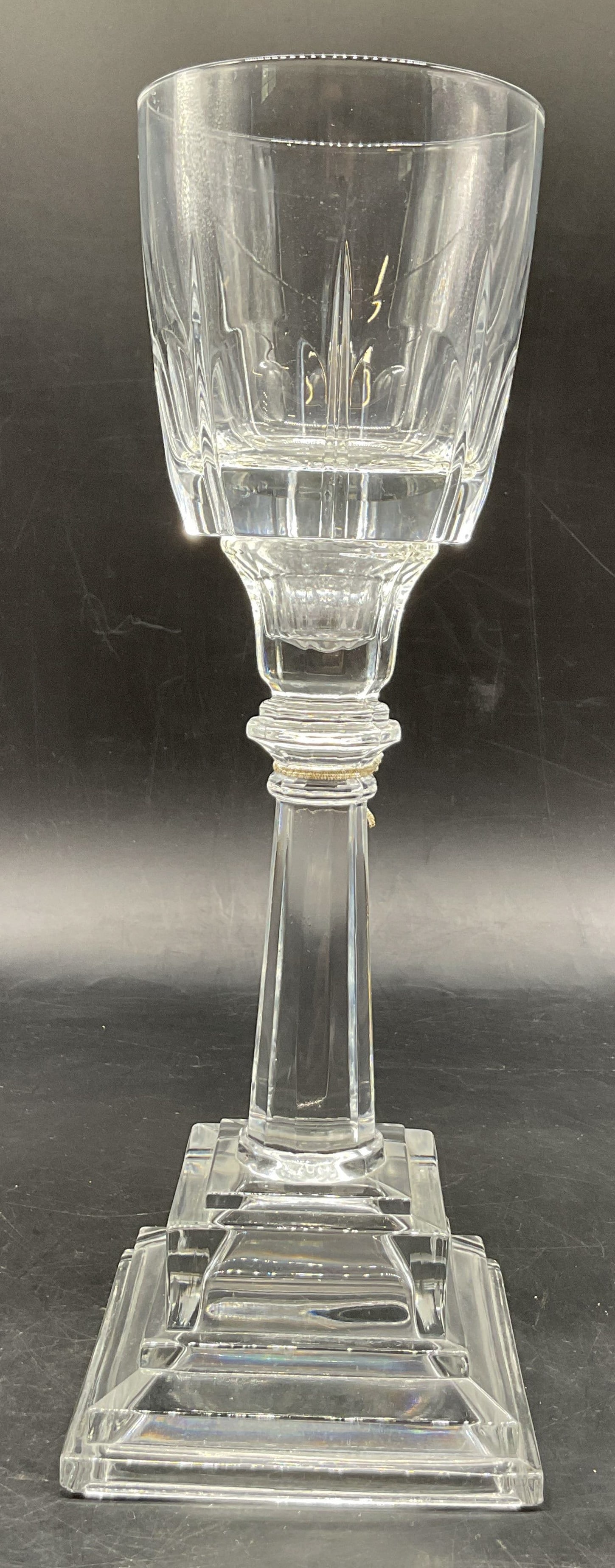 Vintage Swedish Glass Pedestal Wine Glass: Vintage Swedish glass pedestal wine glass. Stepped square pedestal base. Faceted stem. Round glass with geometric design. Measures approx 4 x 4 x 11.5 inches. Scratching. Wine glass, home decor, Swedi