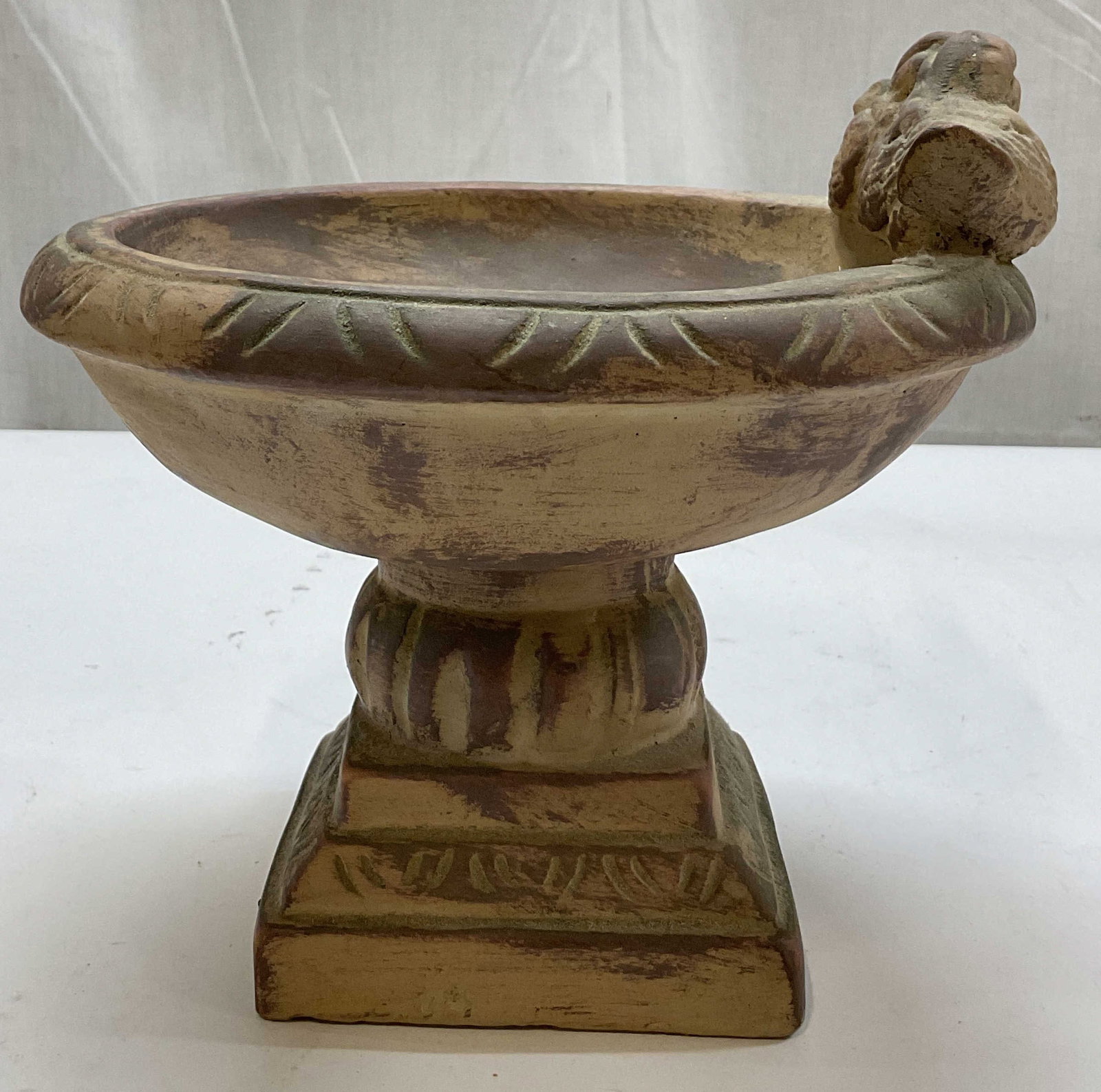 Vintage Verandah Crushed Stone Birdbath: Vintage Verandah crushed stone birdbath. Marked on underside as photographed here. Stepped square pedestal base. Wide bowl. Bird figures perched on rim. Carved accents. Measures approx 4 x 4 x 7.5 inc