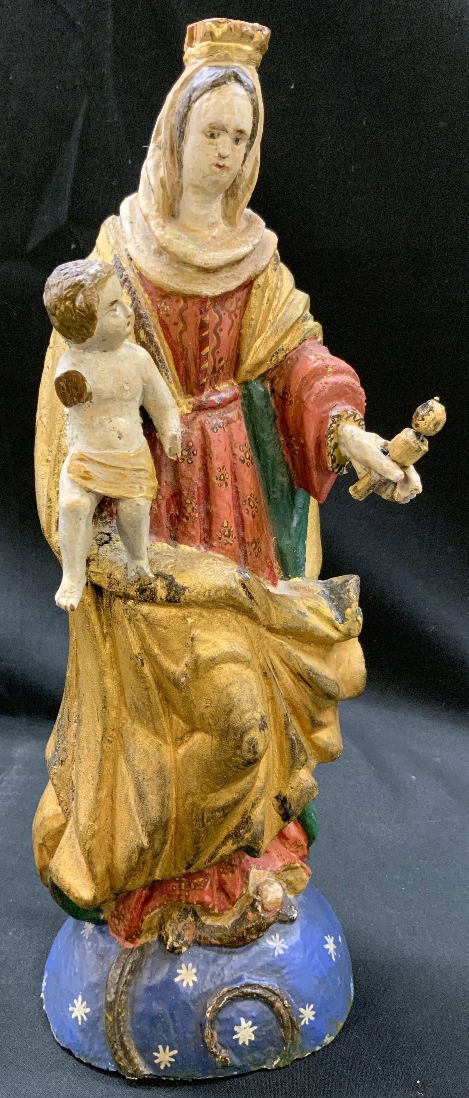 Atq Wood Santos Statue: Antique Spanish Colonial steals hand carved wood santos- or Madonna and Child- devotional statue. Virgin Mary crowned as queen of heaven supporting the Christ child on her right mantle. Condition cons