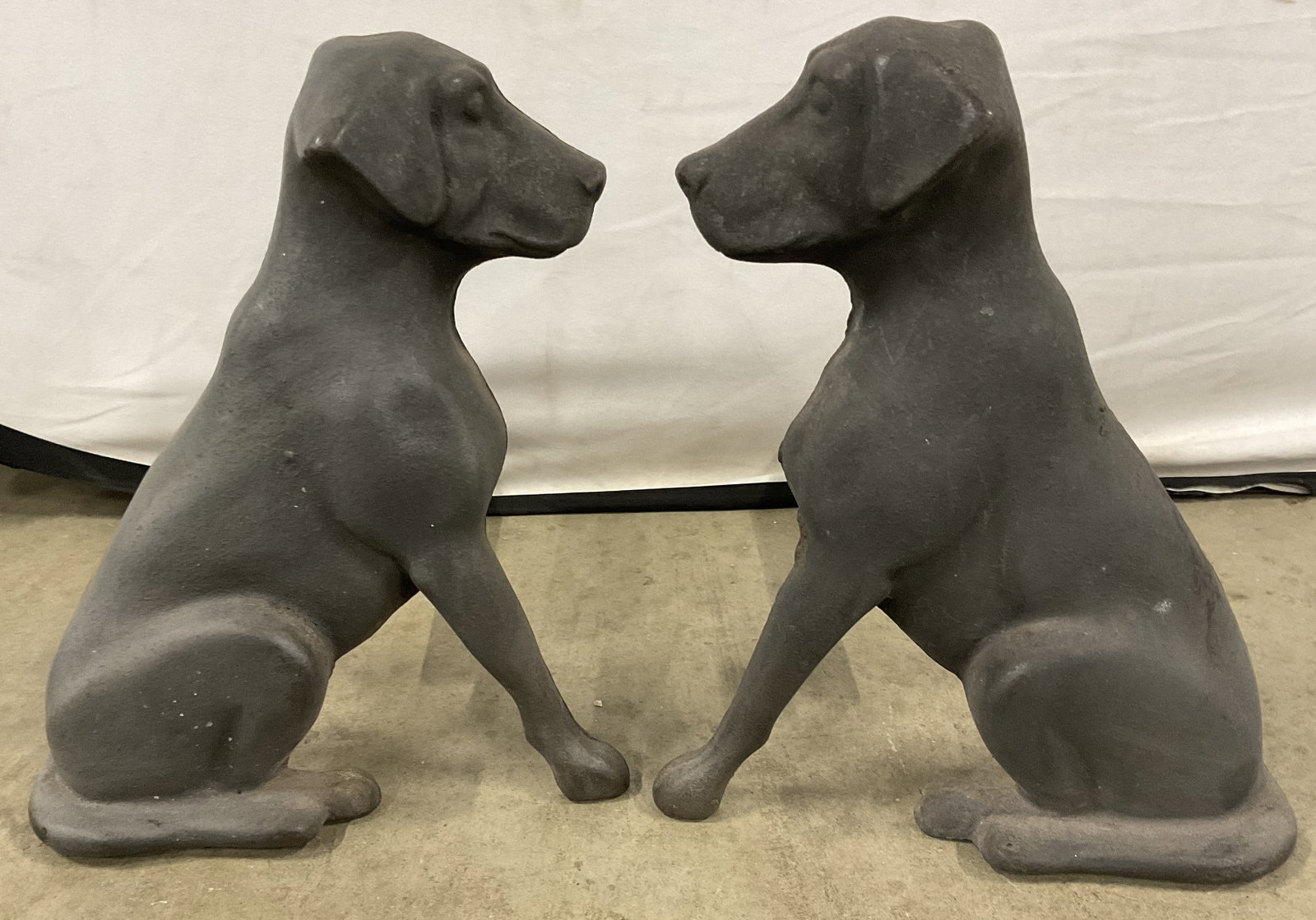 Pr VTG Liberty FDY Black Lab Fireplace Andirons MO: Pair of Vintage Liberty Foundry Cast-Iron Black Labrador Retriever Fireplace Andirons. St. Louis, Missouri. Aging to Metal Present. Measures app 14.5in H x 15in L. Vintage Fireplace Andirons, Firedogs