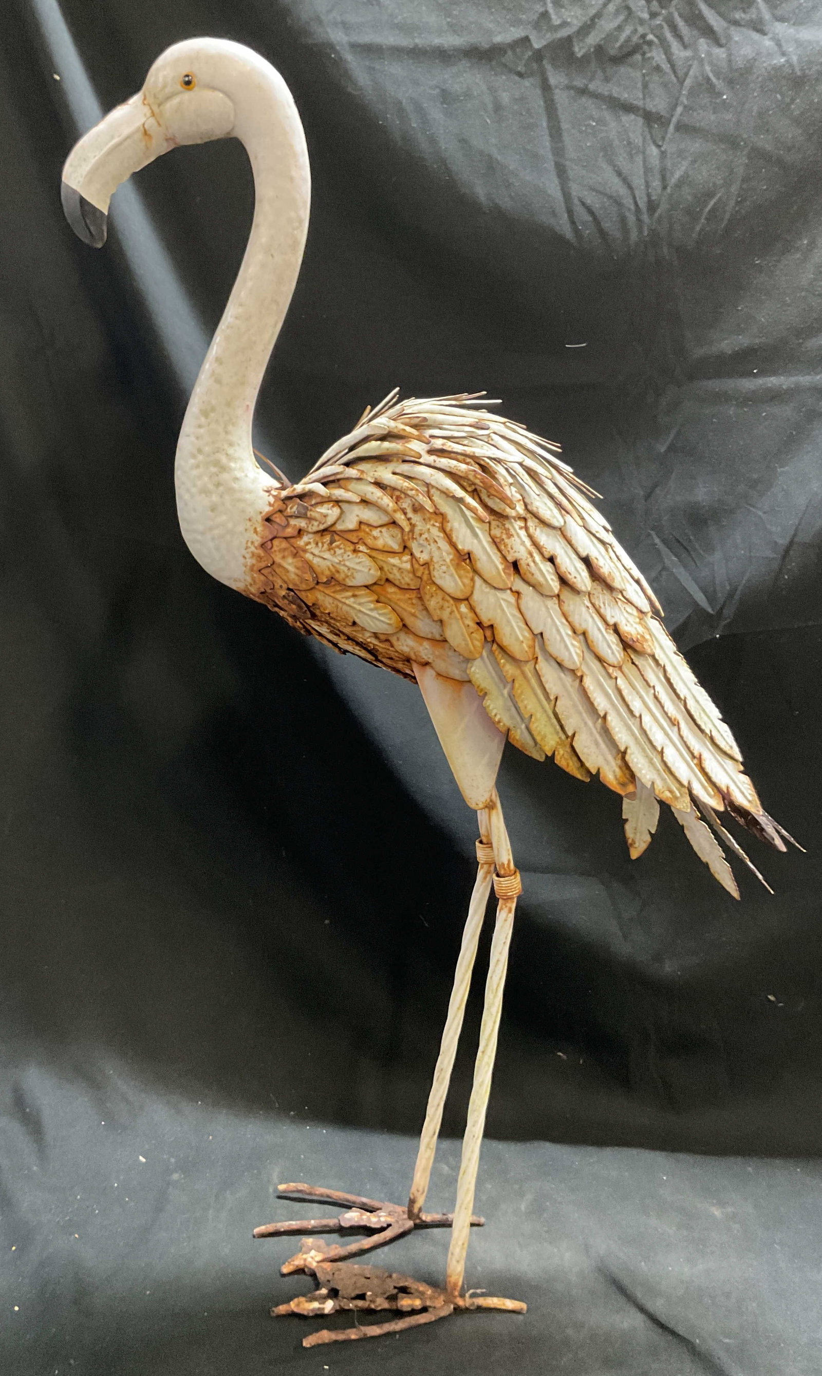 Vintage Cast Iron Flamingo Garden Sculpture 28in: Vintage cast iron flamingo garden sculpture. Slender upright legs and feet. Layered textured feathers. Long curved neck and beak. Hints of pink and white. Measures ht approx 28 inches diam approx 12 i