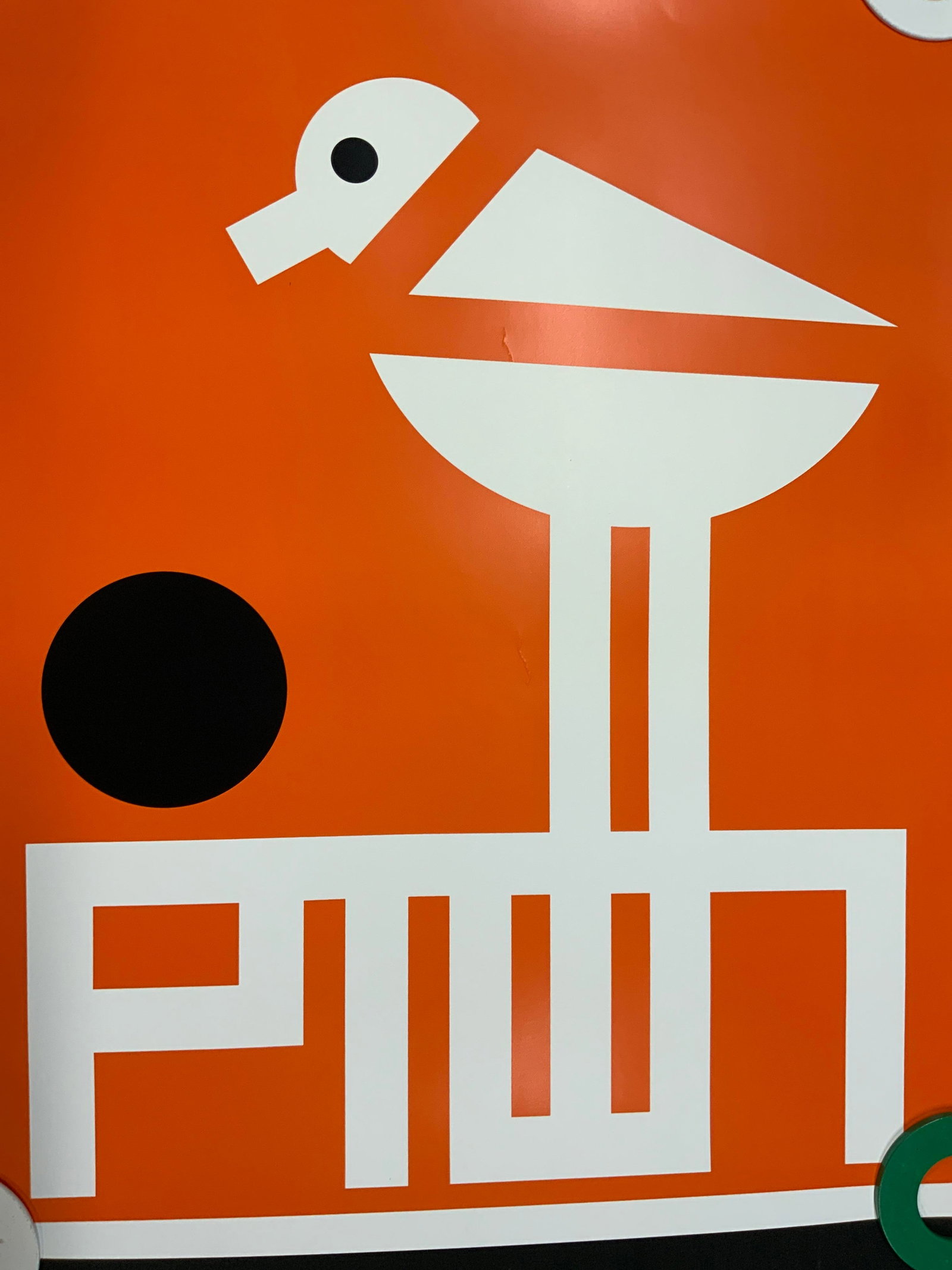Geometric Bird Graphic Poster: Graphic art poster featuring a stylized abstract depiction of a bird. Clean geometric shapes composed of a solid white silhouette set against an orange background. Condition consistent with age and ex