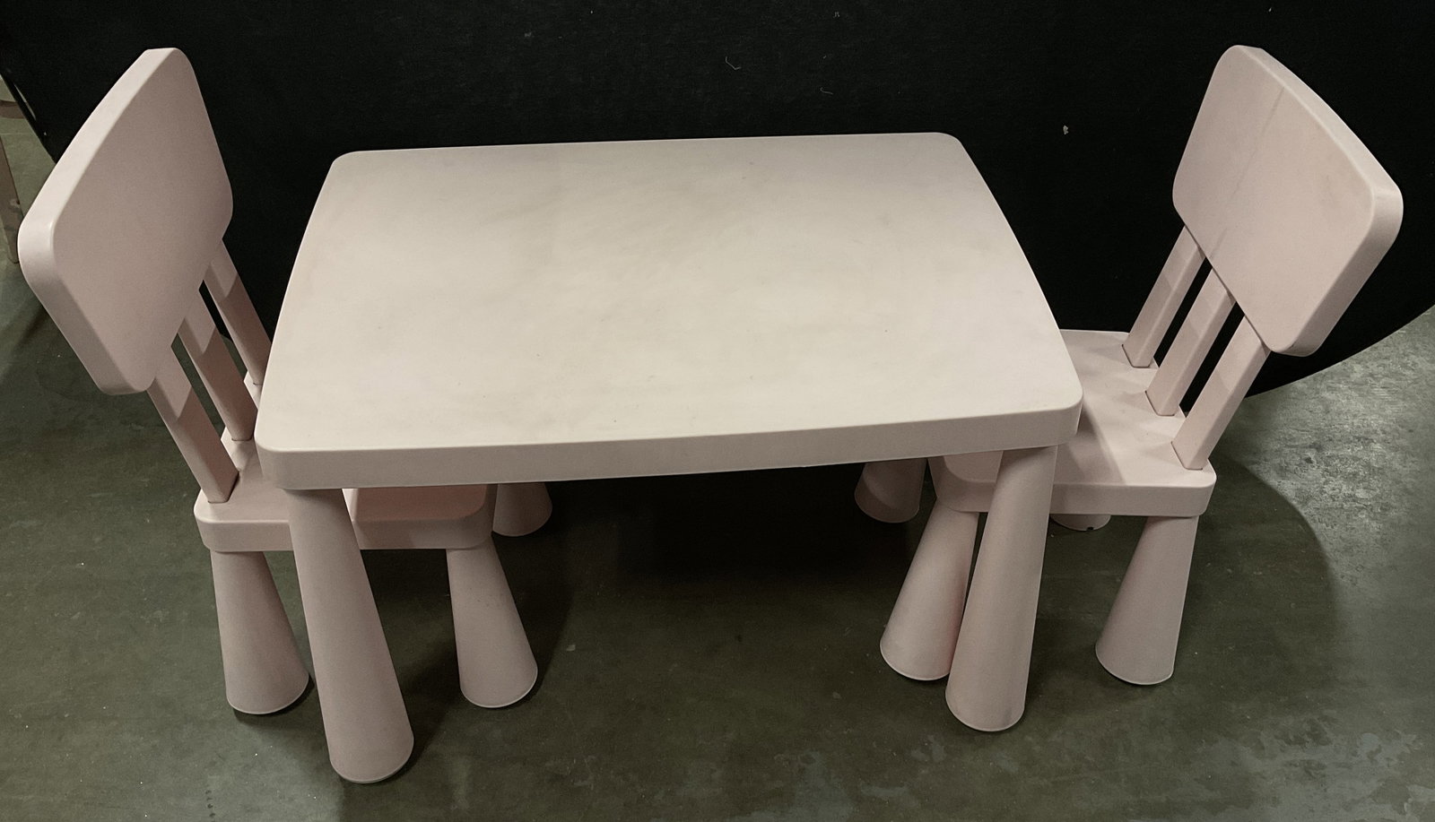 Set3 IKEA Mammut Childrens Table & Chairs ITALY: Set of 3 IKEA Mammut Pink Childrens Table with 2 Chairs. Italy. Durable Lightweight Plastic. Thick Conical Legs to Prevent Tipping. Slatted Backrests. Staining Present. Missing Piece on One Chair Leg.