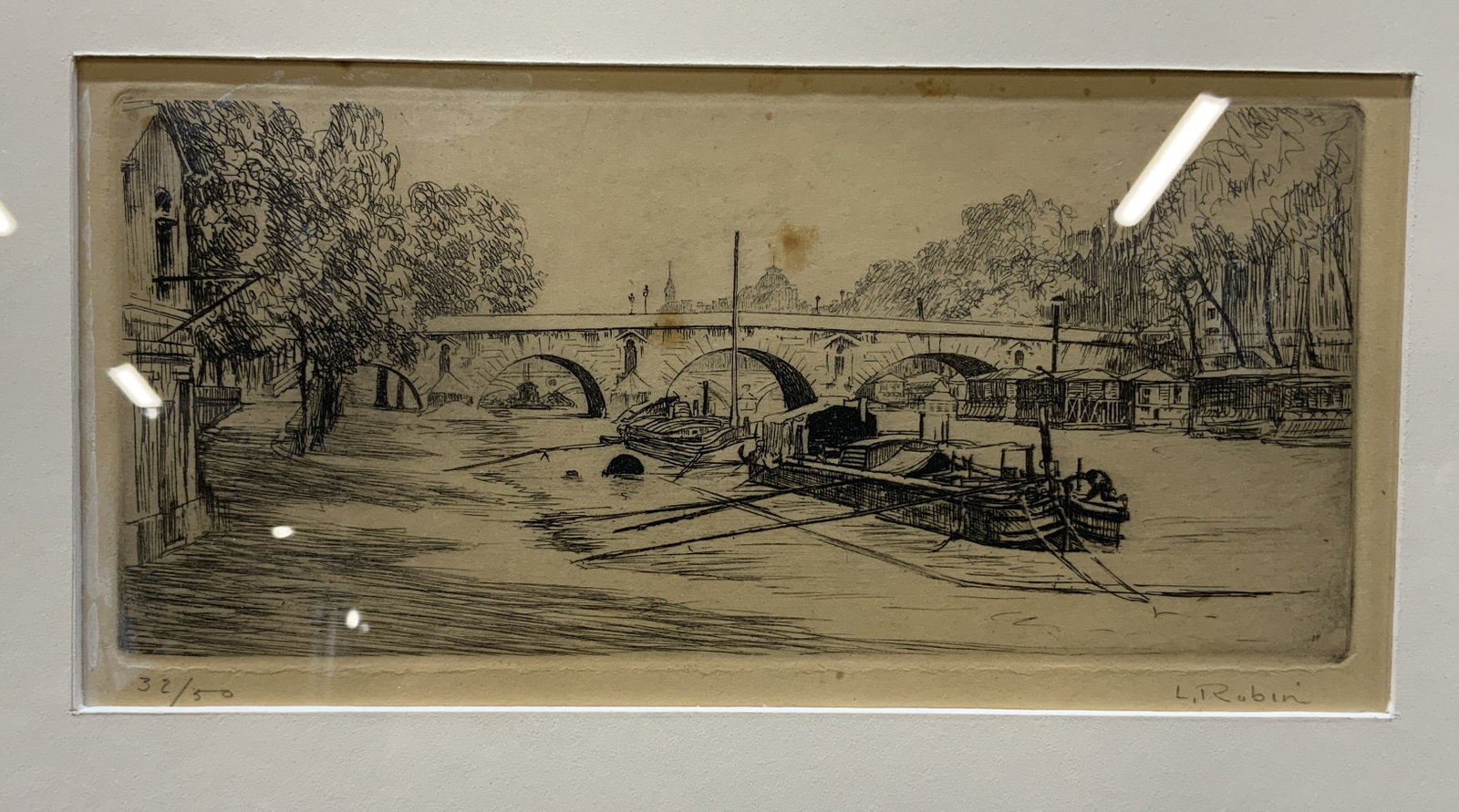 Vtg L. Rubin Sgnd European Canal Etching: Vintage L. Rubin European Canal etching print. Composed of intricate line illustrations depicting European canal boats moored alongside an arched stone bridge and tree lined waterway. Hard ground line