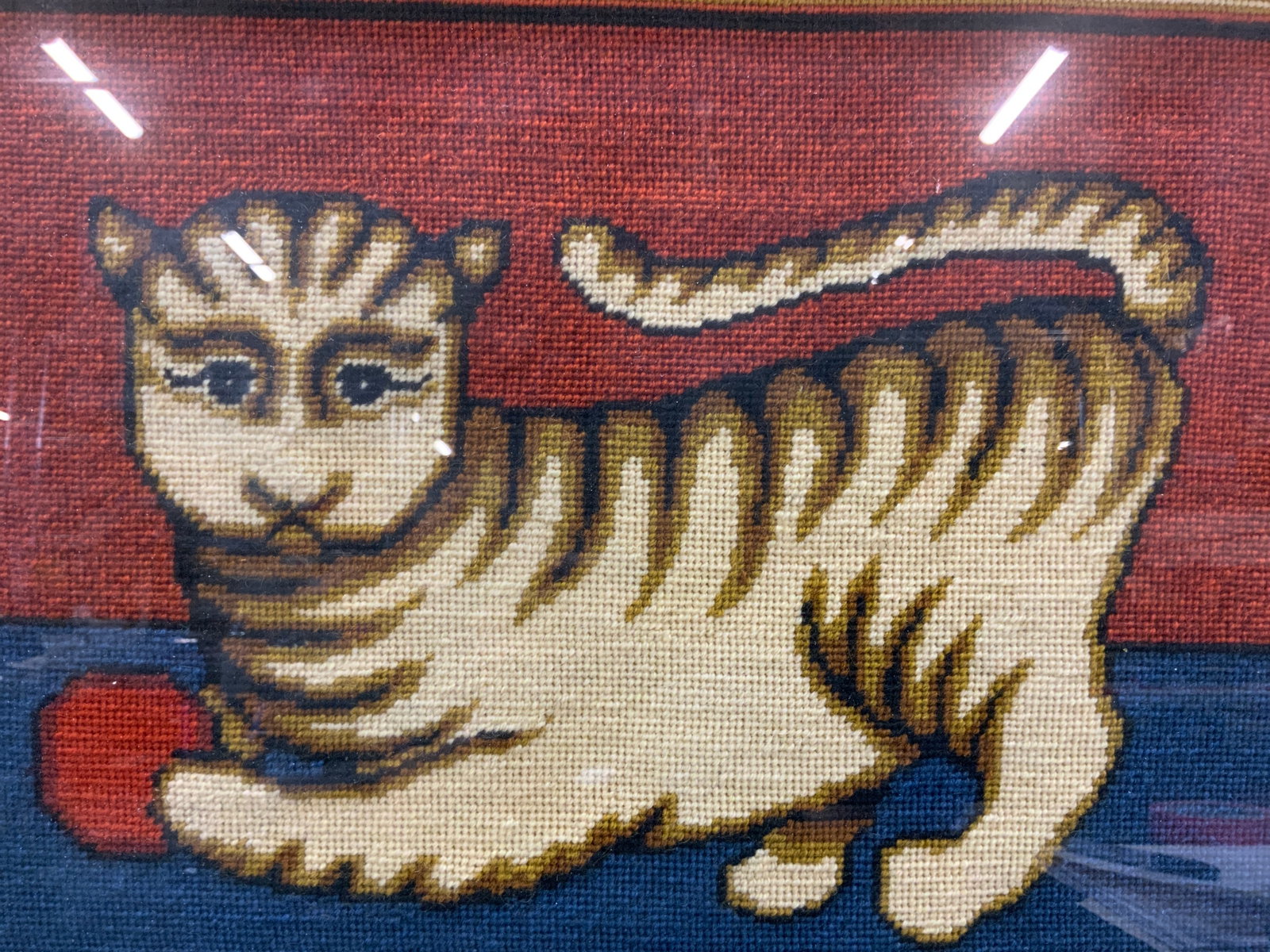 Vtg Korean Minhwa Tiger Needlepoint Sgnd, Framed: Vintage 1981 Korean Minhwa Tiger Needlepoint Framed and Initialed. Hand stitched needlepoint textile art. Folk Art tiger rendered in a traditional Korean Minhwa style, depicting a stylized striped tig