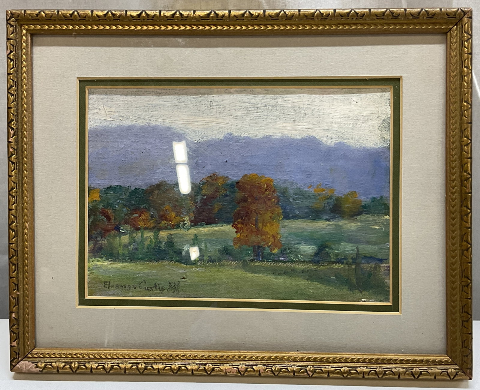 SGND Eleanor C Framed Oil On Canvas Landscape: Signed Eleanor C framed oil on canvas landscape. Signed Eleanor, rest reads illegible. Backside reads To Mrs Griffin In New Hampshire Painted By Eleanor. Gold toned wooden frame. Landscape scene inclu