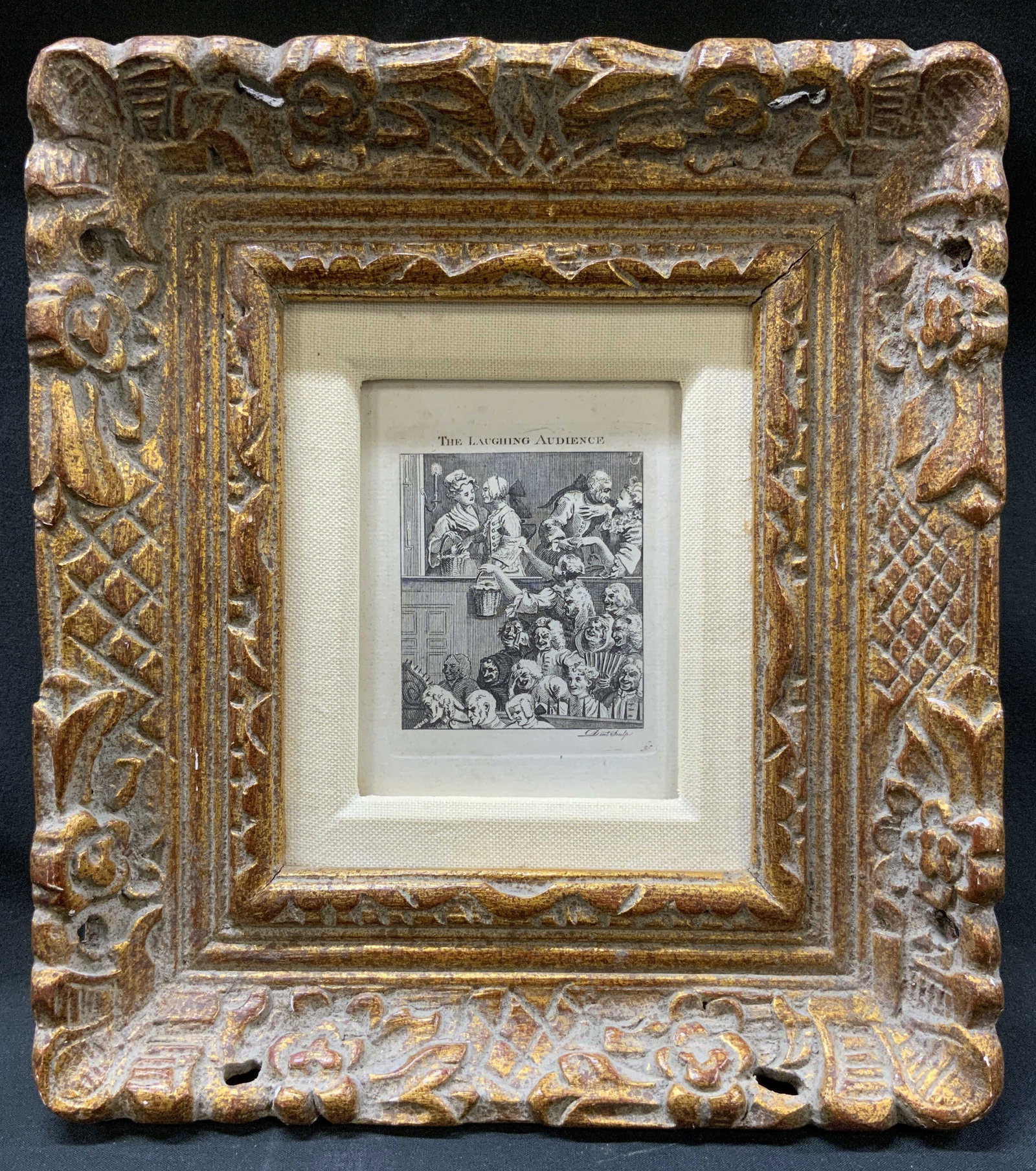 Antq Sgnd Dent Sculp Satirical Mini Engraving: Antique Signed Satirical Mini Engraving titled The Laughing Audience. Engraved by Dent Sculp. After William Hogarth. Originally created by Hogarth in 1733 as subscription ticket, this later c.1800s sm