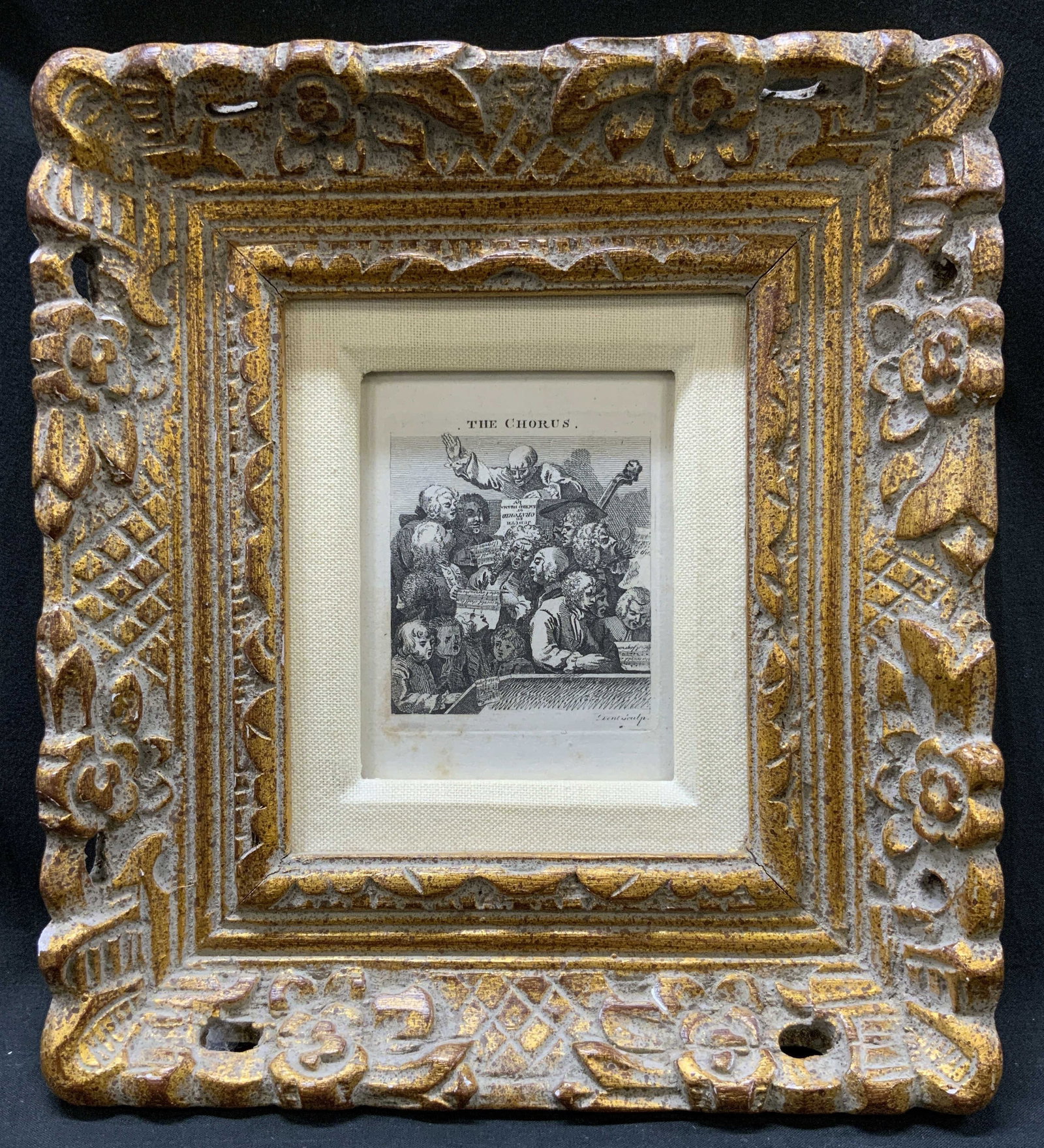 Antq Sgnd Dent Sculp Satirical Mini Engraving: Antique Signed Satirical Mini Engraving titled The Chorus. Engraved by Dent Sculp. After William Hogarth. Circa 1800s, small engraving satirizes a group of 18th century singers performing William Hugg