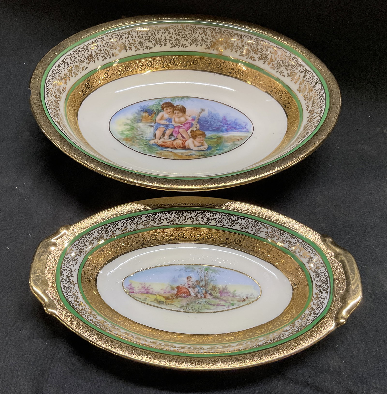 Lt2 VTG Royal China Limoges Serving Dishes FRANCE: 2 Vintage Royal China Limoges Serving Dishes. Roman Gold Pattern. Circular Dishes with Classical Pastoral and Putti Scenes in Center. Gilt and Green Floral Design Trim. France. Largest Measures app 2.