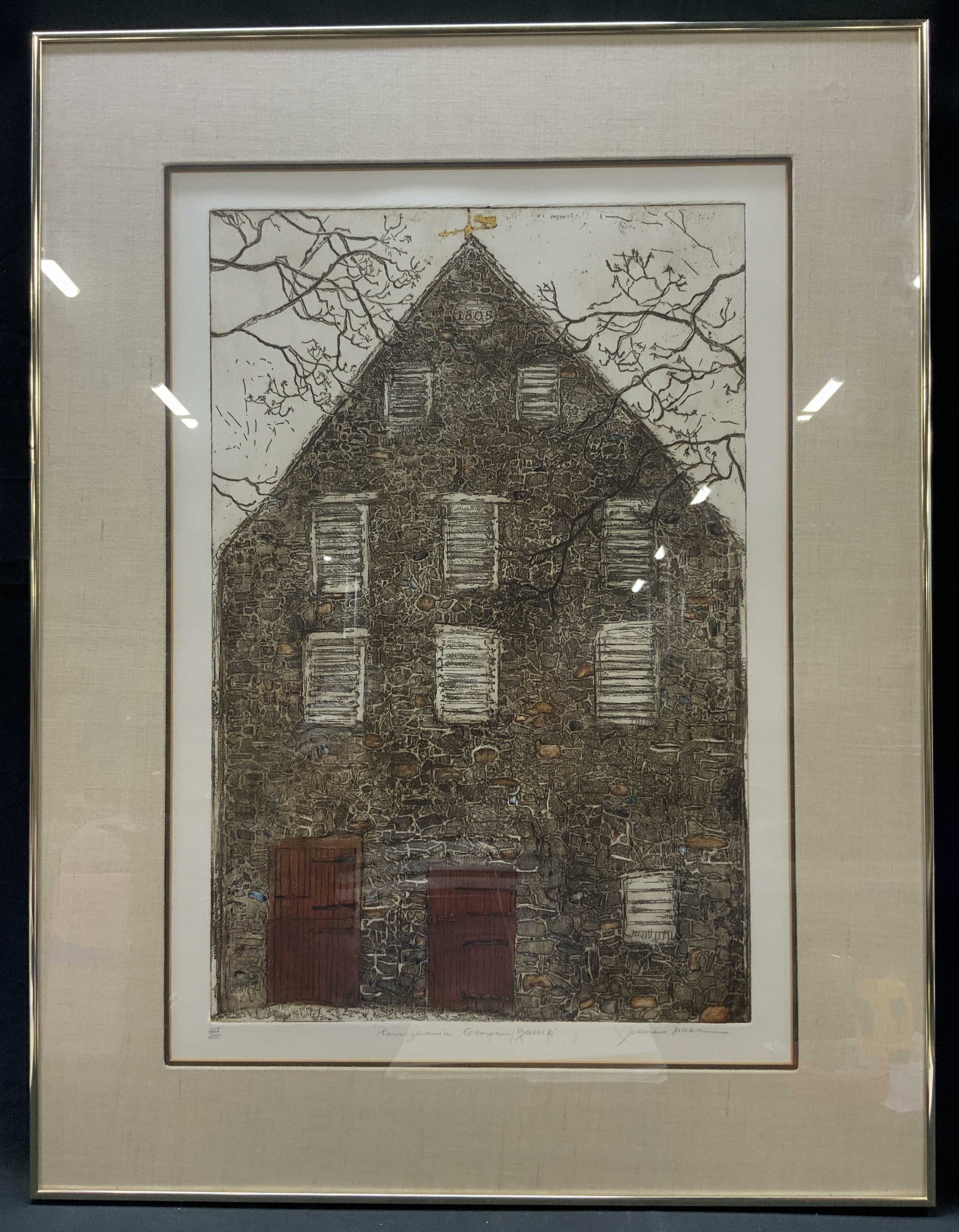 Vtg Sgnd Pennsylvania German Barn Etching, Framed (1 of 10)