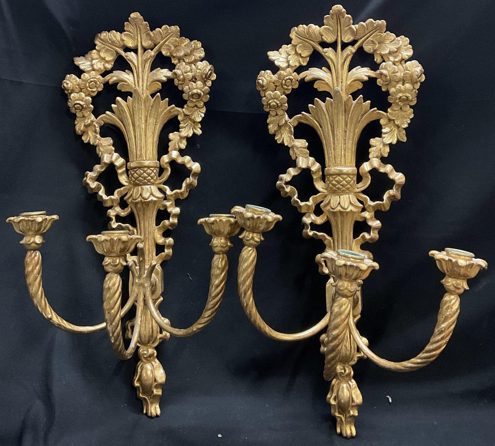 Pair VTG Giltwood Wall Sconces ITALY: Pair of Vintage Circa 1950s Giltwood Wall Sconces. Carved Wood Finished with Gold Leaf. Cornucopia Style Backplates. 3 Scrolling Twisting Arms. Production Number on Back. Italy. Some Losses to Gold Le