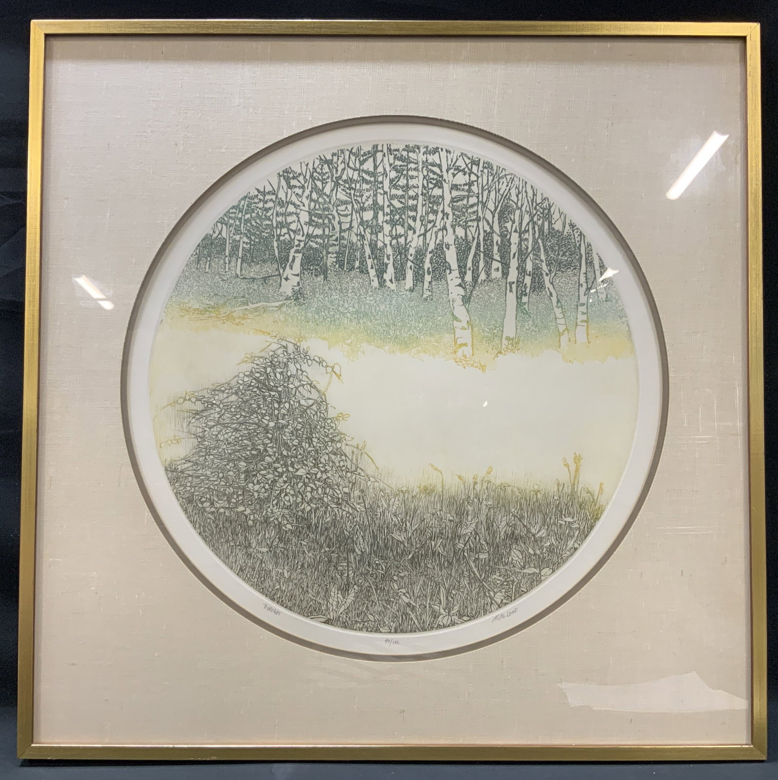 Sgnd Ruth Leaf Birches Circular Etching, Framed: Signed Ruth Leaf, titled Birches A la Poupee color copper etching print. Editioned 47/150 color etching rendered on circular copper plate. Illustrates dense grove of birch trees textured with fine lin