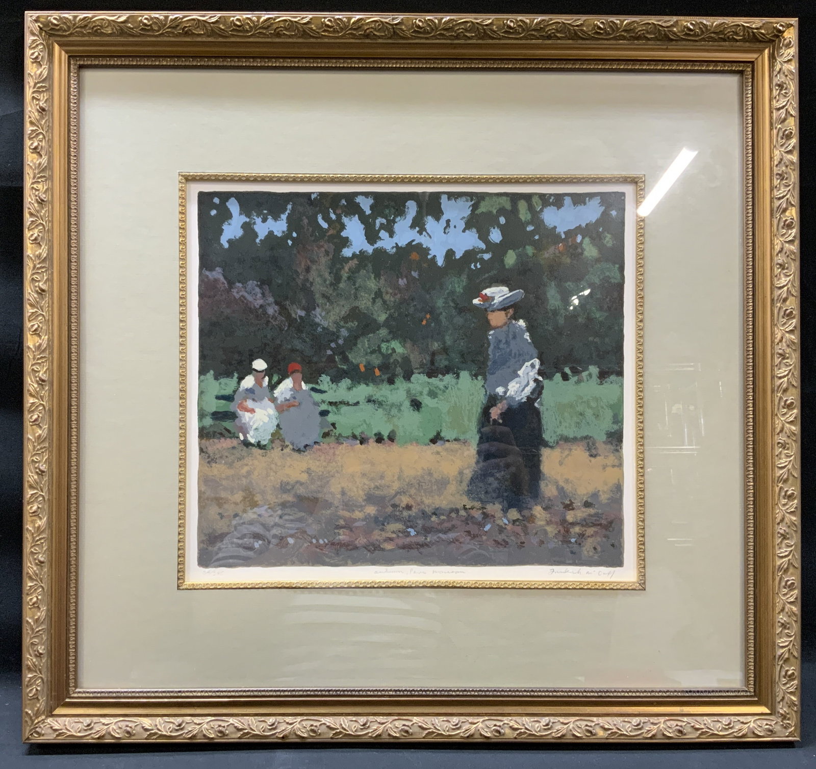 Sgnd F. H. McDuff Autumn Parc Monceau Screenprint: Signed Frederick Hale McDuff Screenprint titled Autumn, Parc Monceau. Editioned 34/285 landscape scene composition illustrating figures strolling along a pathway in the historic Parc Monceau framed by