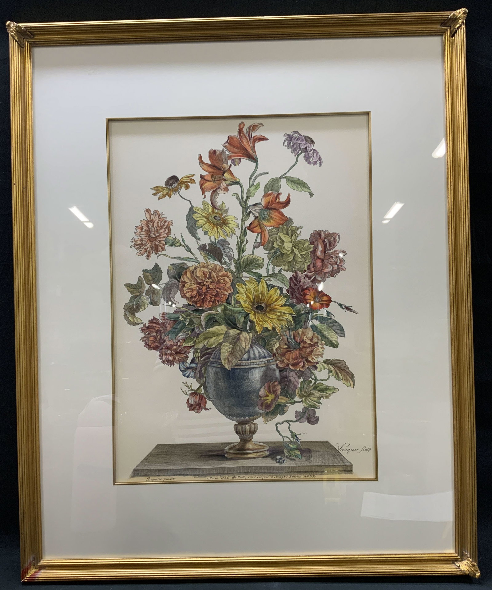 J.B. Monnoyer, Floral Still Life Litho, Framed: Jean-Baptiste Monnoyer Floral Still Life Offset Lithograph after engraving by Jean Vauquer. Titled Bouquet de Fleurs dans un Vase. Composition displays an arrangement of spring and summer flowers rest