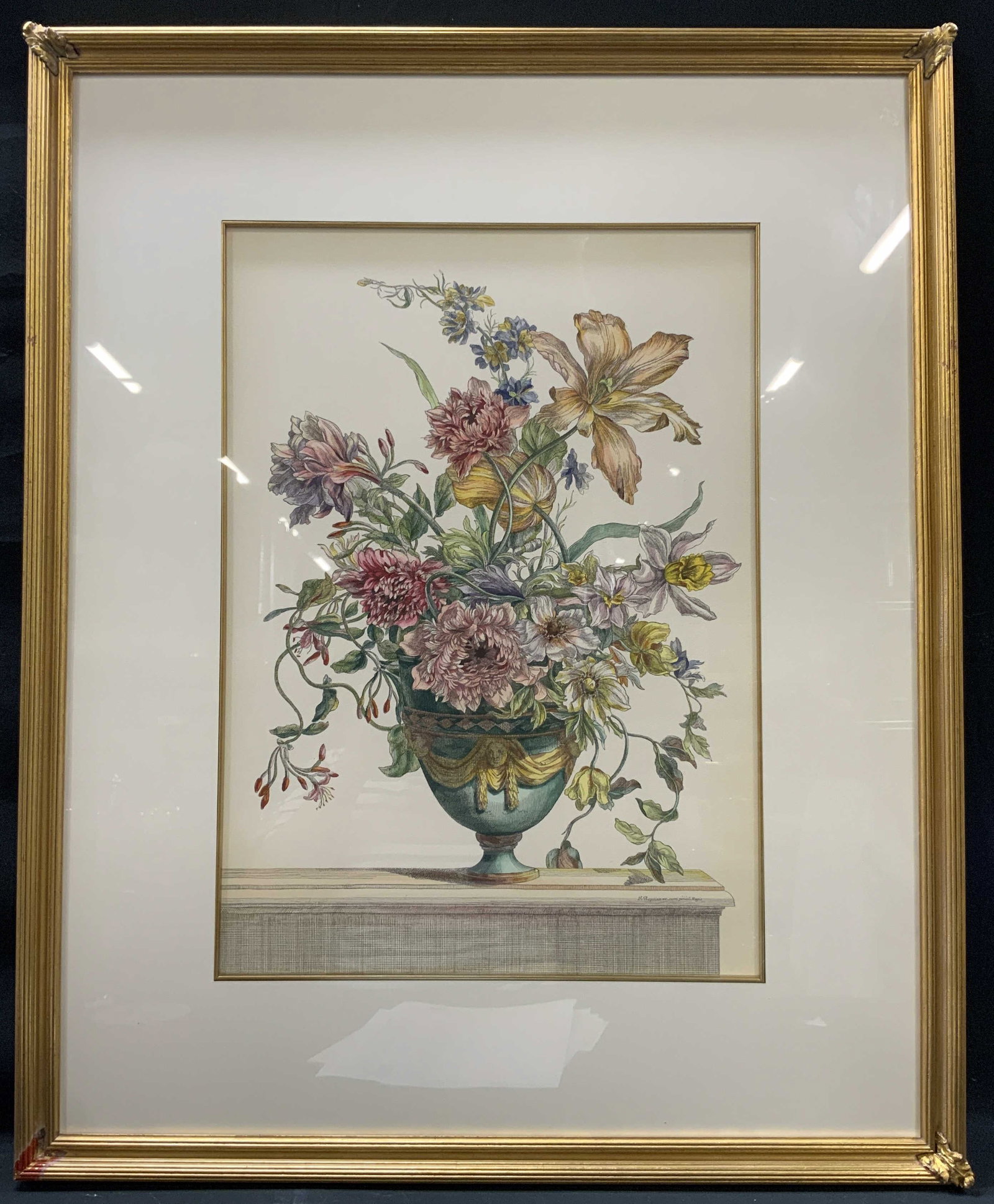 J.B. Monnoyer, Floral Still Life Litho, Framed: Jean-Baptiste Monnoyer Floral Still Life Offset Lithograph after engraving by Jean Vauquer. Titled Bouquet de Fleurs dans un Vase II. Composition displays an arrangement of flowers and creeping vines 