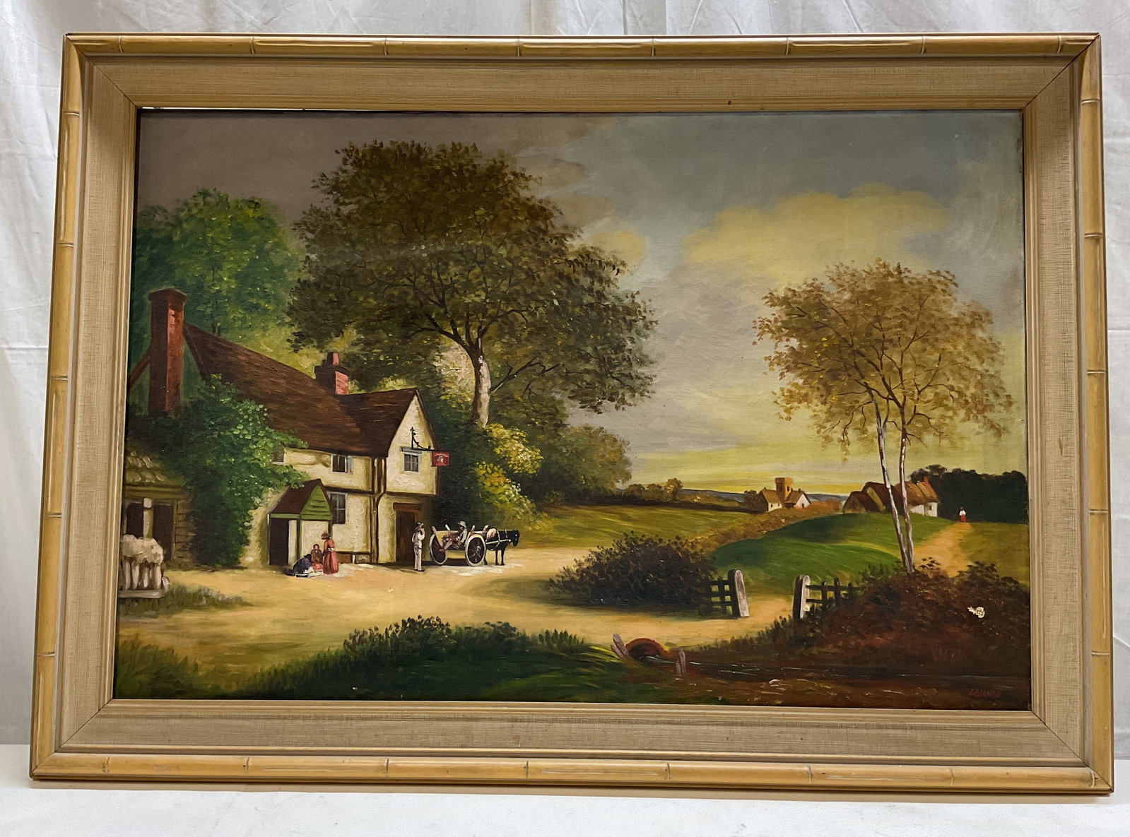 SGND J Bianchi The Tavern Framed Oil On Canvas: The Tavern by J Bianchi. Oil on canvas landscape. Signed J Bianchi in lower right corner. Signed on backside as photographed here. Wooden bamboo style frame with textured surface. Traditional pastoral