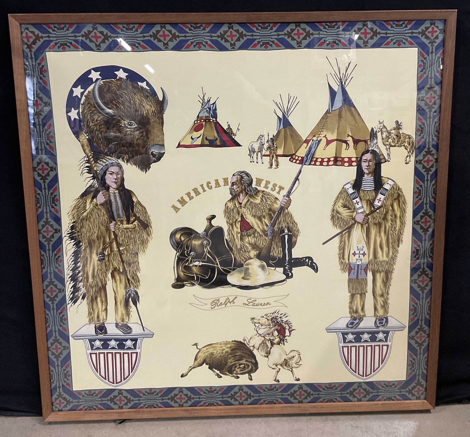 VTG Framed Ralph Lauren American West Silk Scarf: Vintage Framed Ralph Lauren American West 100% Silk Luxury Scarf. Features Detailed Illustrations of Native Americans Standing and on Horseback, Tepees, and Buffalo. Solid Wooden Frame. Condition Cons