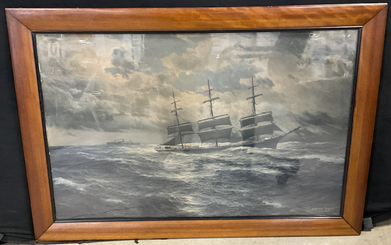 Schnars-Alquist Seascape Print: Signed in print. Carl Wilhem Hugo Schnars-Alquist Seascape Print. Depicts A Sailing Vessel Battling Through Rough Open Waters with Steamship in the Distance. Solid Wooden Frame. Tear on Side of Print.