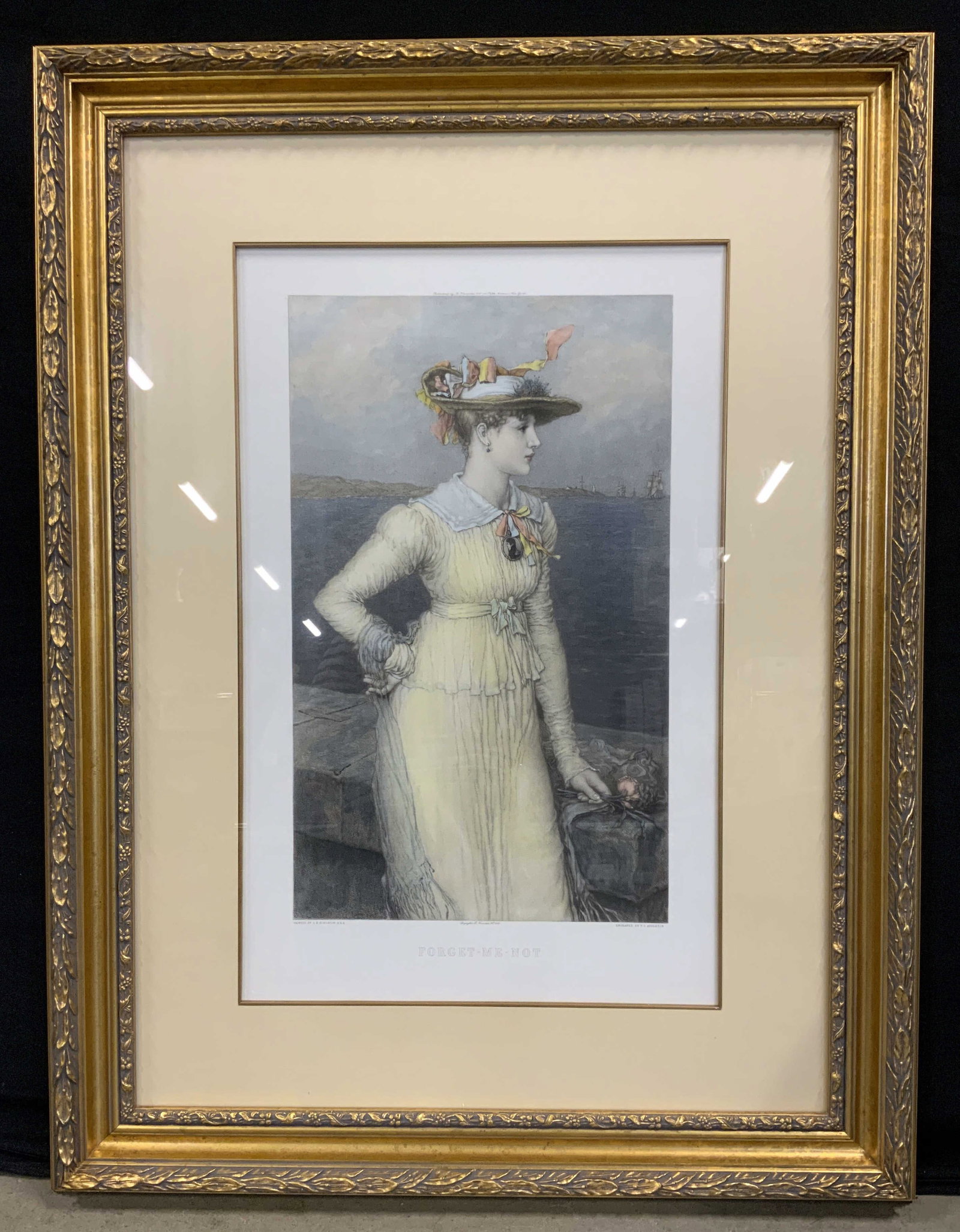 Antq Boughton, Forget-Me-Not Engraving, Framed: Antique Victorian Hand colored mixed method engraving after Painting by George Henry Boughton. Portrait depicts young woman profile view standing along a stone sea wall harbor overlook, wearing light 