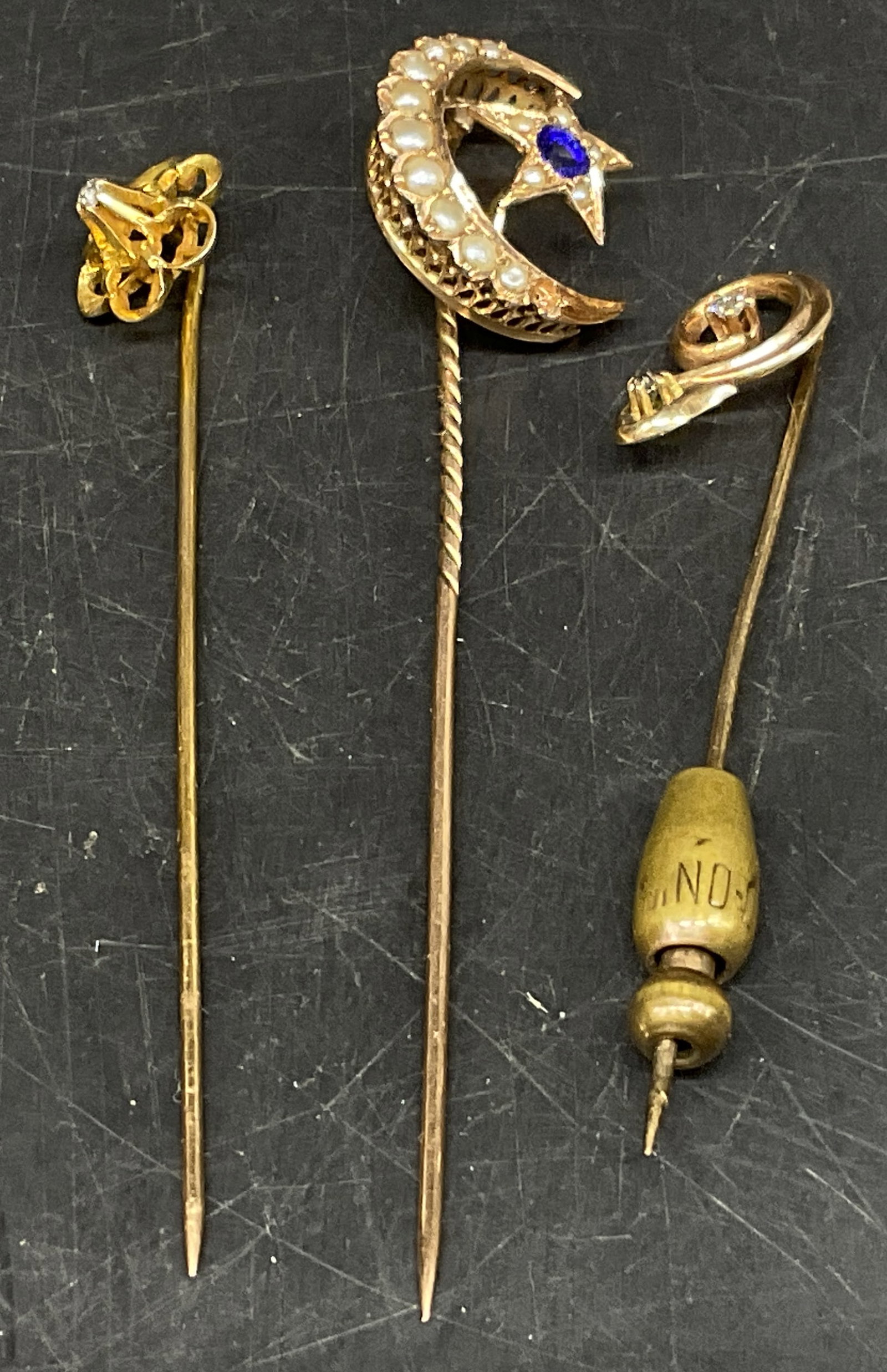 Lt3 ANTIQUE Victorian Era Gold-Toned Hat Pins: 3 Antique Victorian and Edwardian Era Circa 1880-1910 Gold-Toned Hat Pins. Possibly Gold-Plated. Tested with PuriTEST Kit. Includes Crescent Moon and Star with Blue Stone and Possibly Real Pearls, Flo