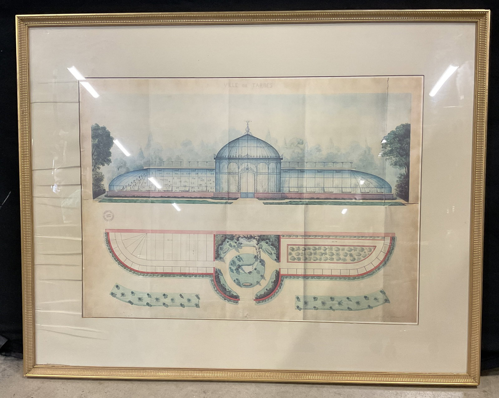 Vtg Architectural Rendering Villes Tarbes, France: Large vintage architectural rendering of Ville De Tarbes in France. Features an architectural Orangerie and greenhouse plans of the Jardin Massey in Tarbes set in the backdrop of the Des Hautes Pyrene